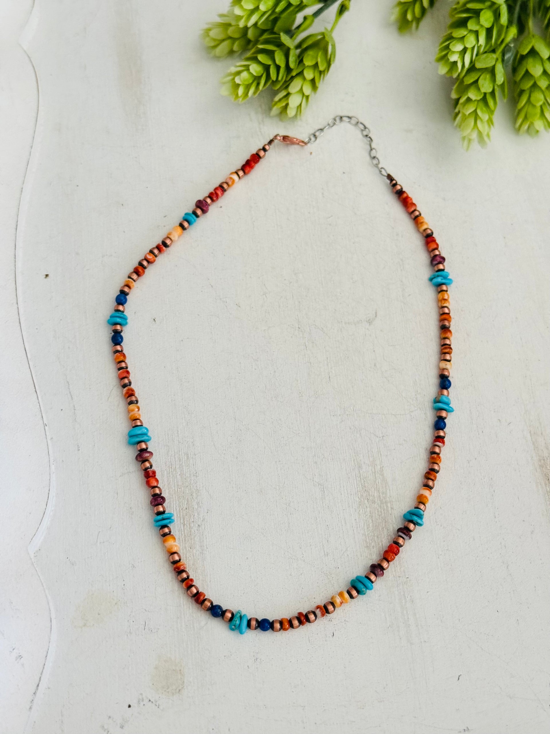 Navajo Strung Multi Stone & Copper Pearls Beaded Necklace