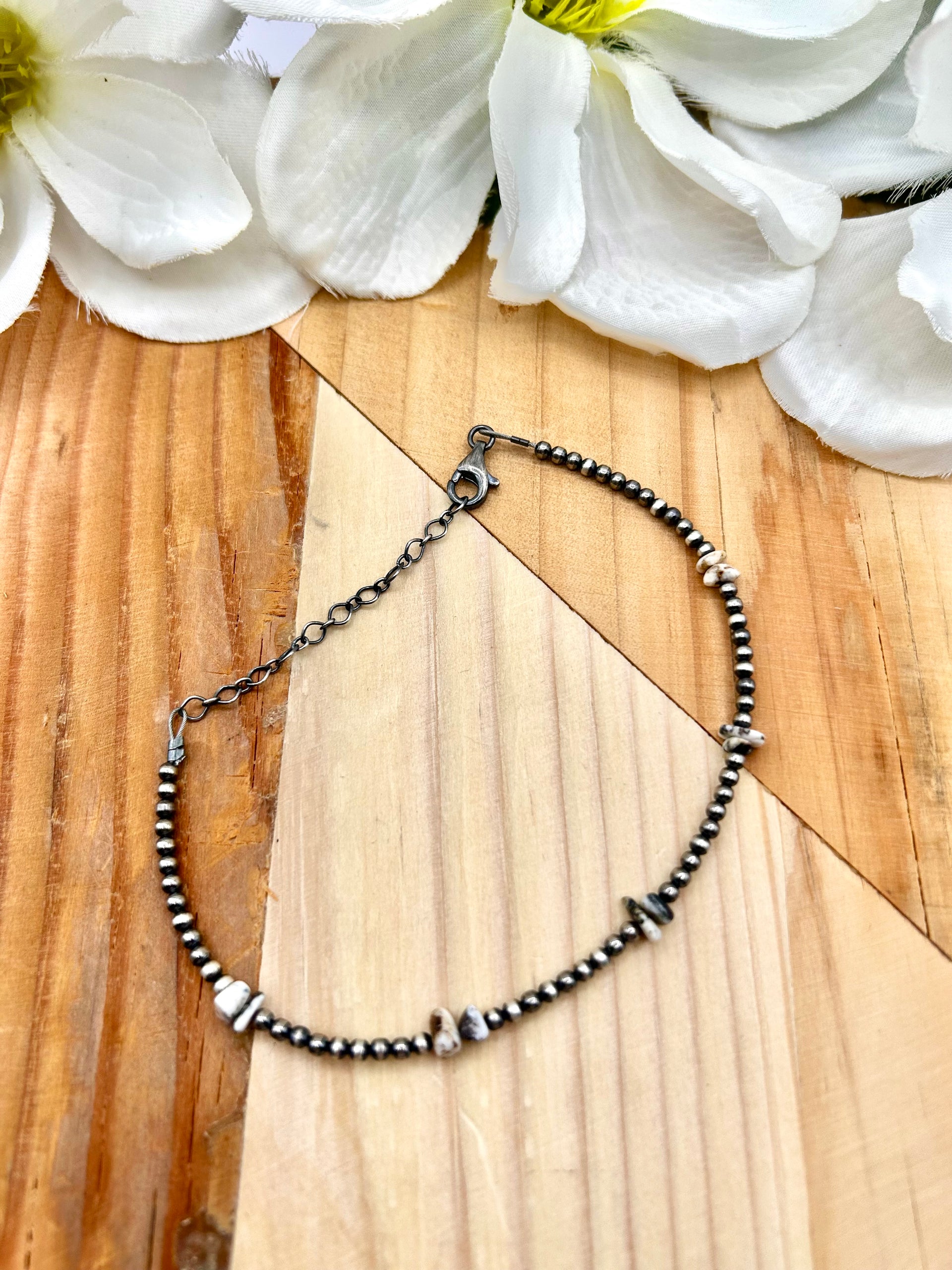 Navajo Made White Buffalo & Sterling Silver Strung Anklet