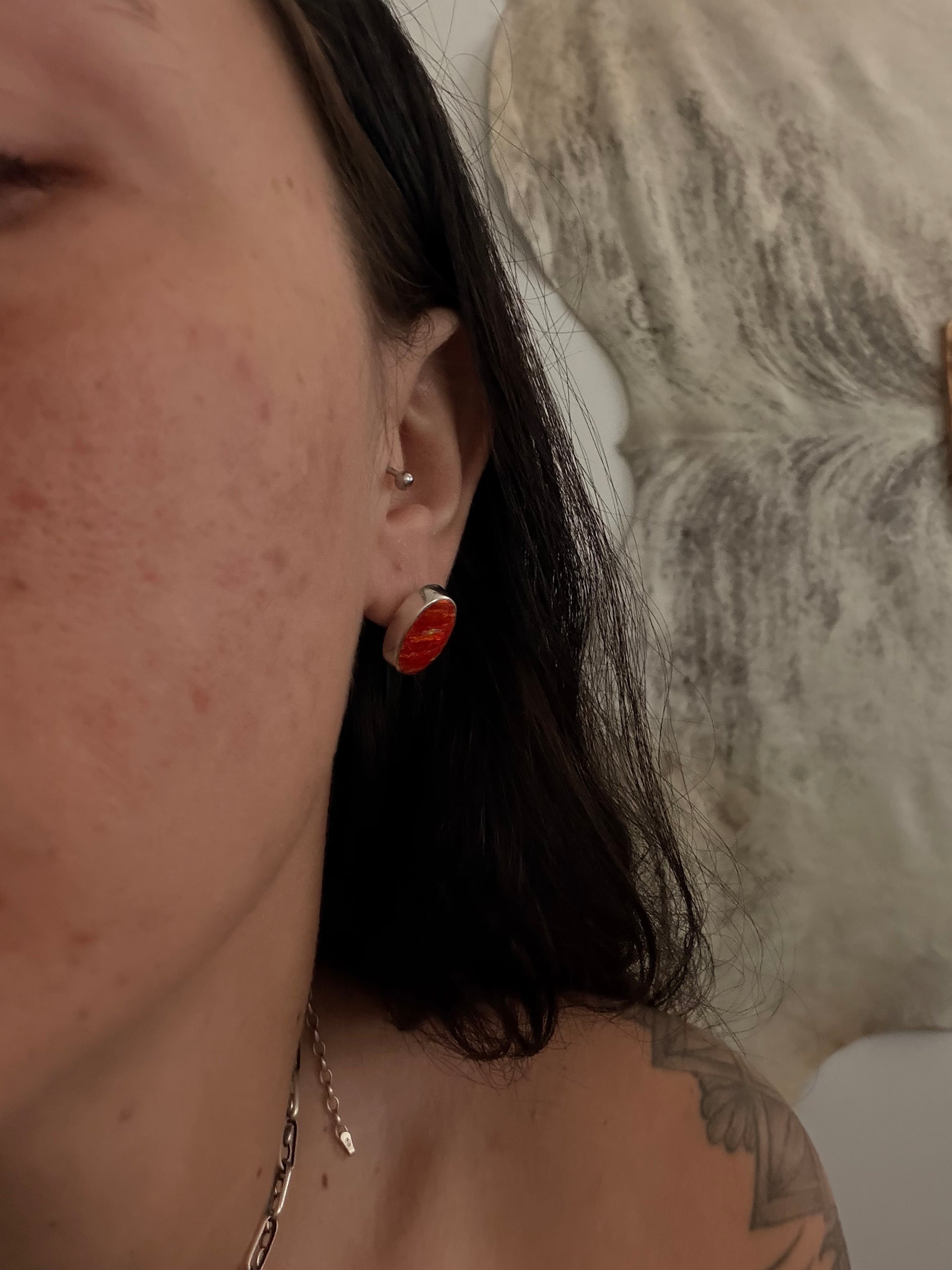 Navajo Made Orange Opal (Man Made) & Sterling Silver Post Earrings