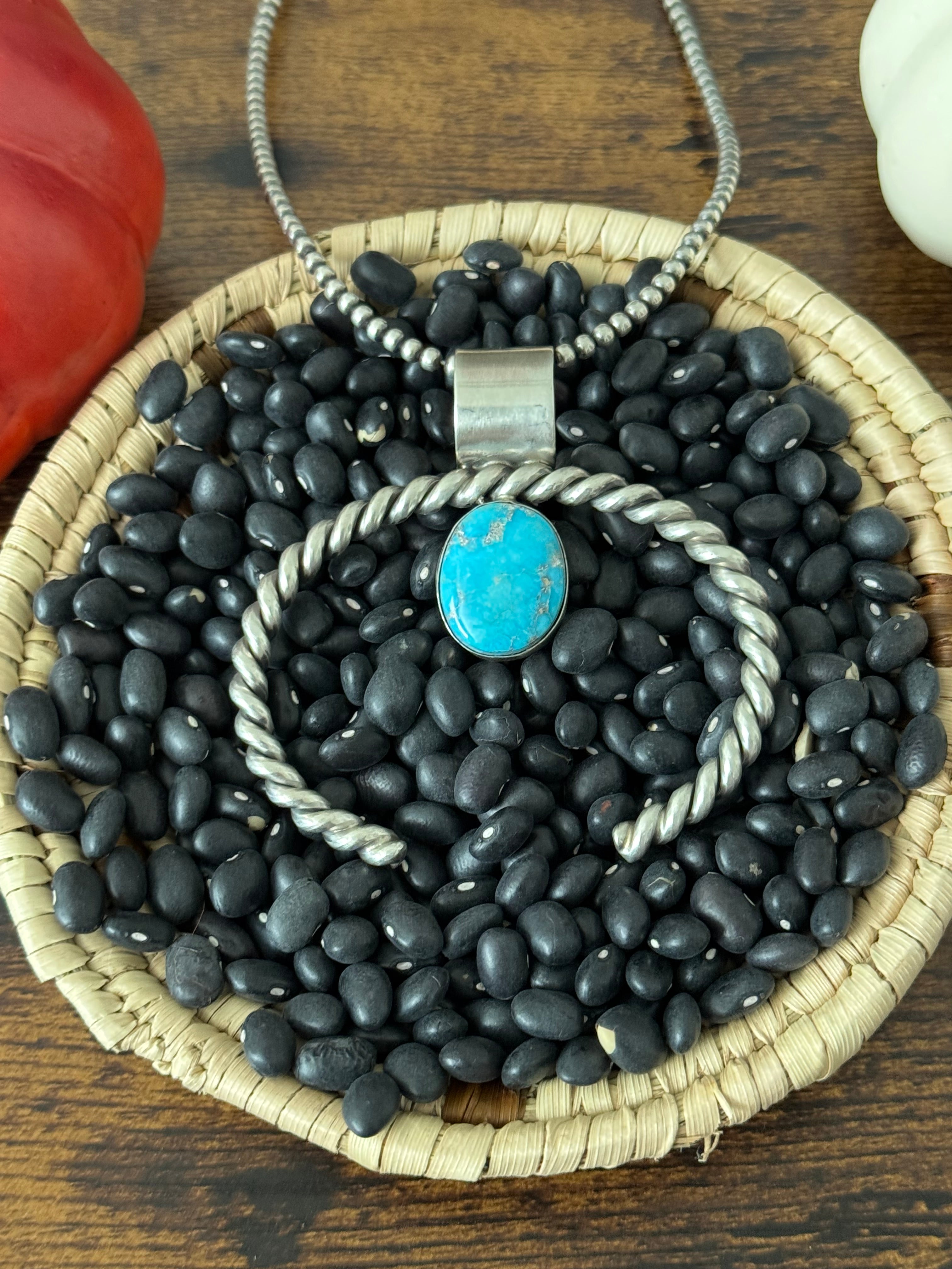 Navajo Made Kingman Turquoise & Sterling Silver Naja Pendant