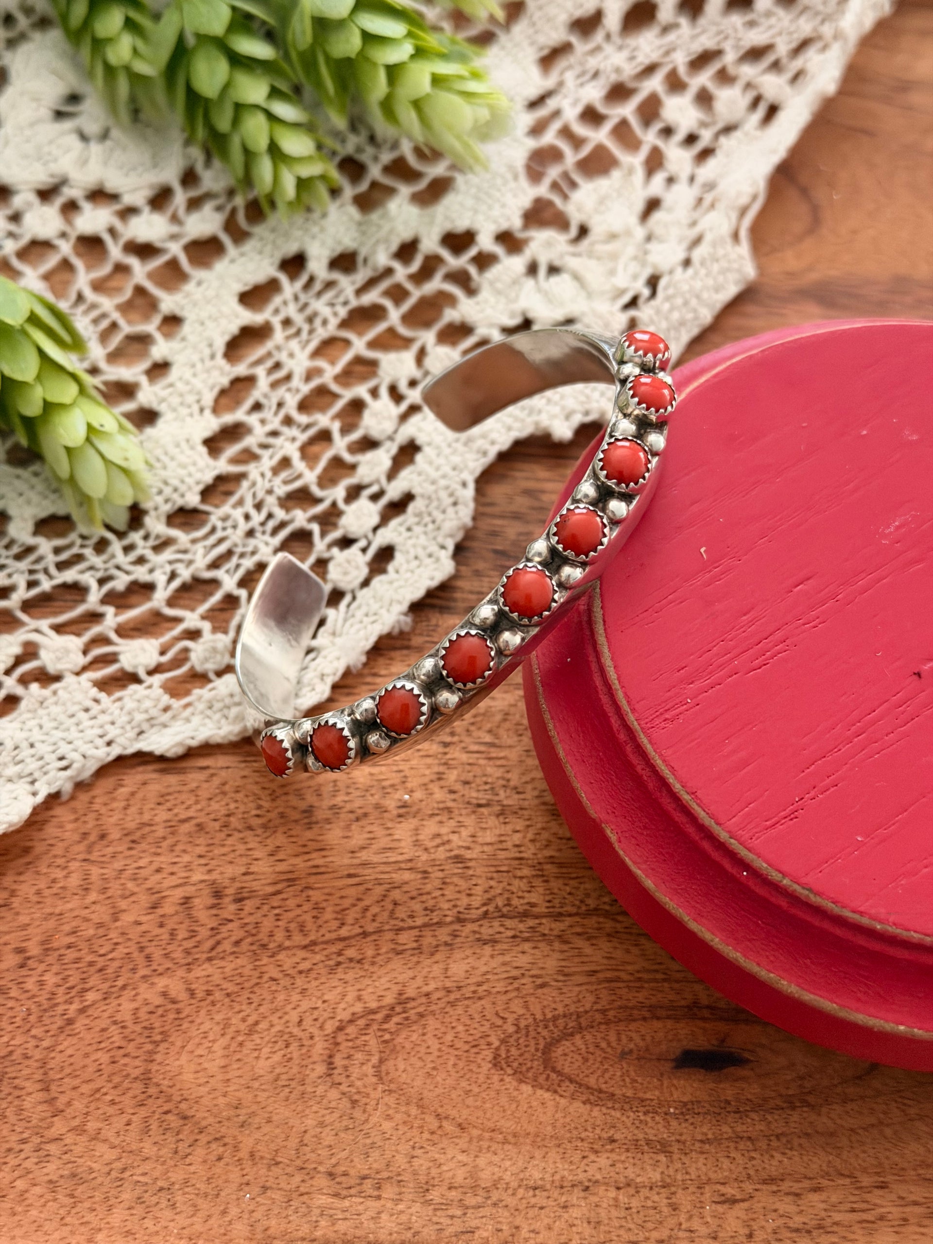 Navajo Made Red Coral & Sterling Silver Cuff Bracelet