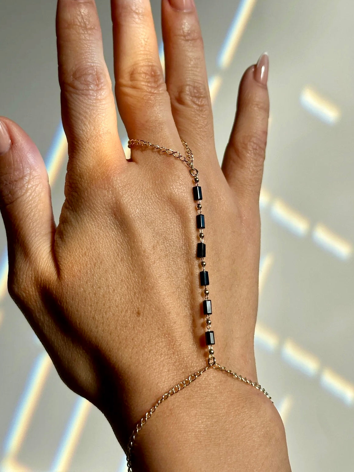 Eileen Quezada Onyx & 18K Gold Plated Sterling Silver Hand Chain Bracelet