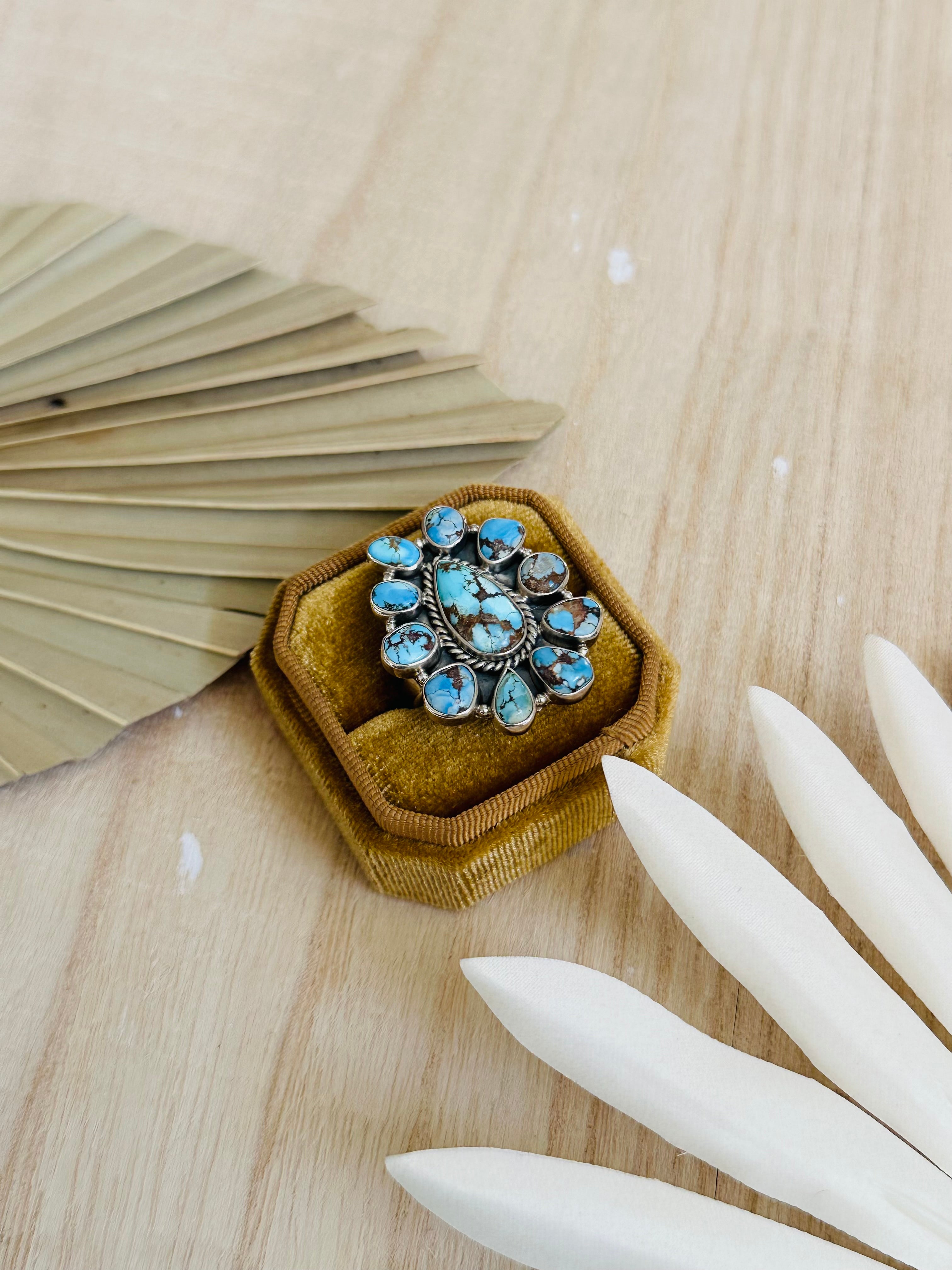 Southwest Handmade Golden Hills Turquoise & Sterling Silver Adjustable Cluster Ring