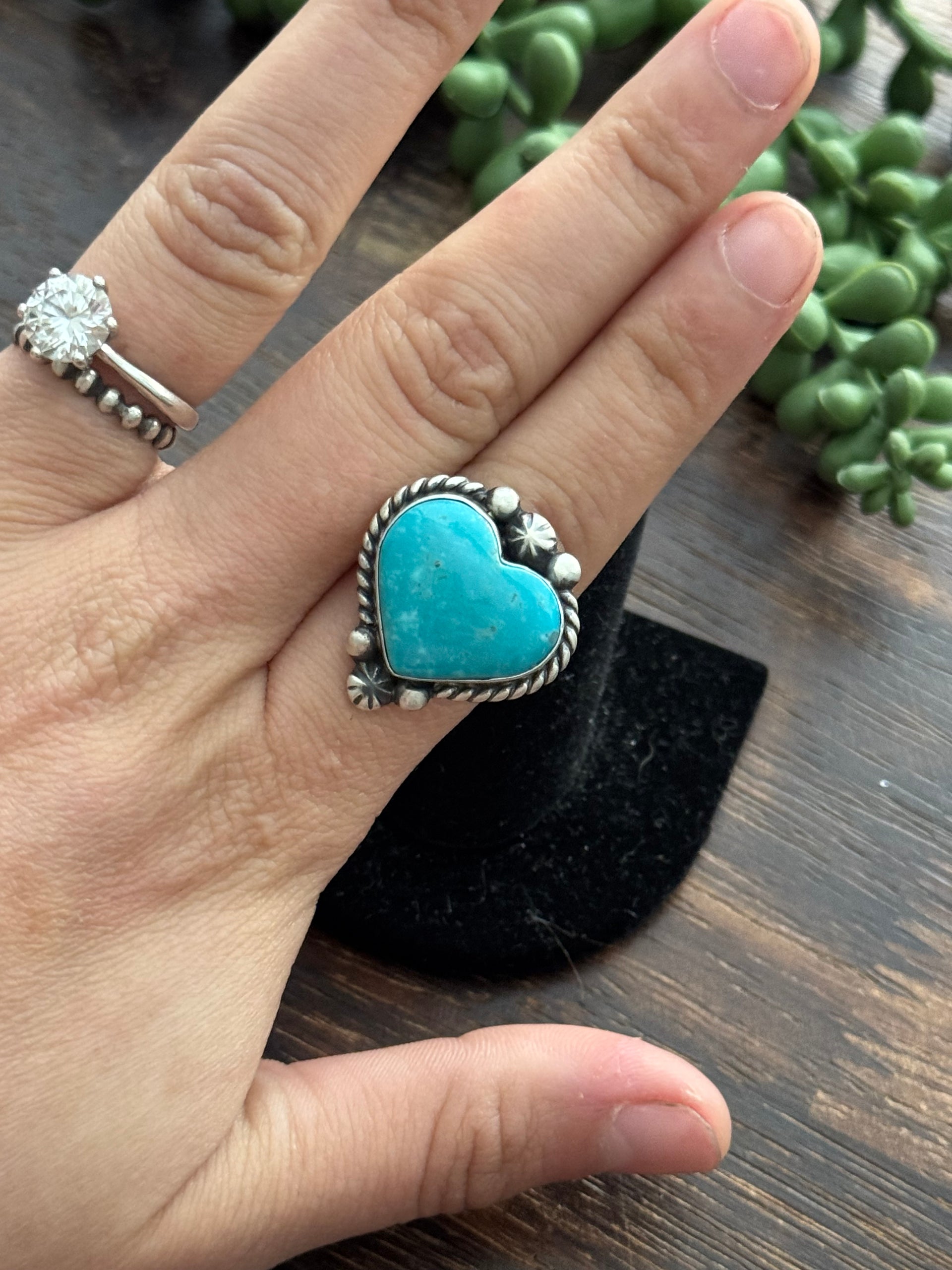 Alfred Martinez Kingman Turquoise &  Sterling Silver Adjustable Heart Ring