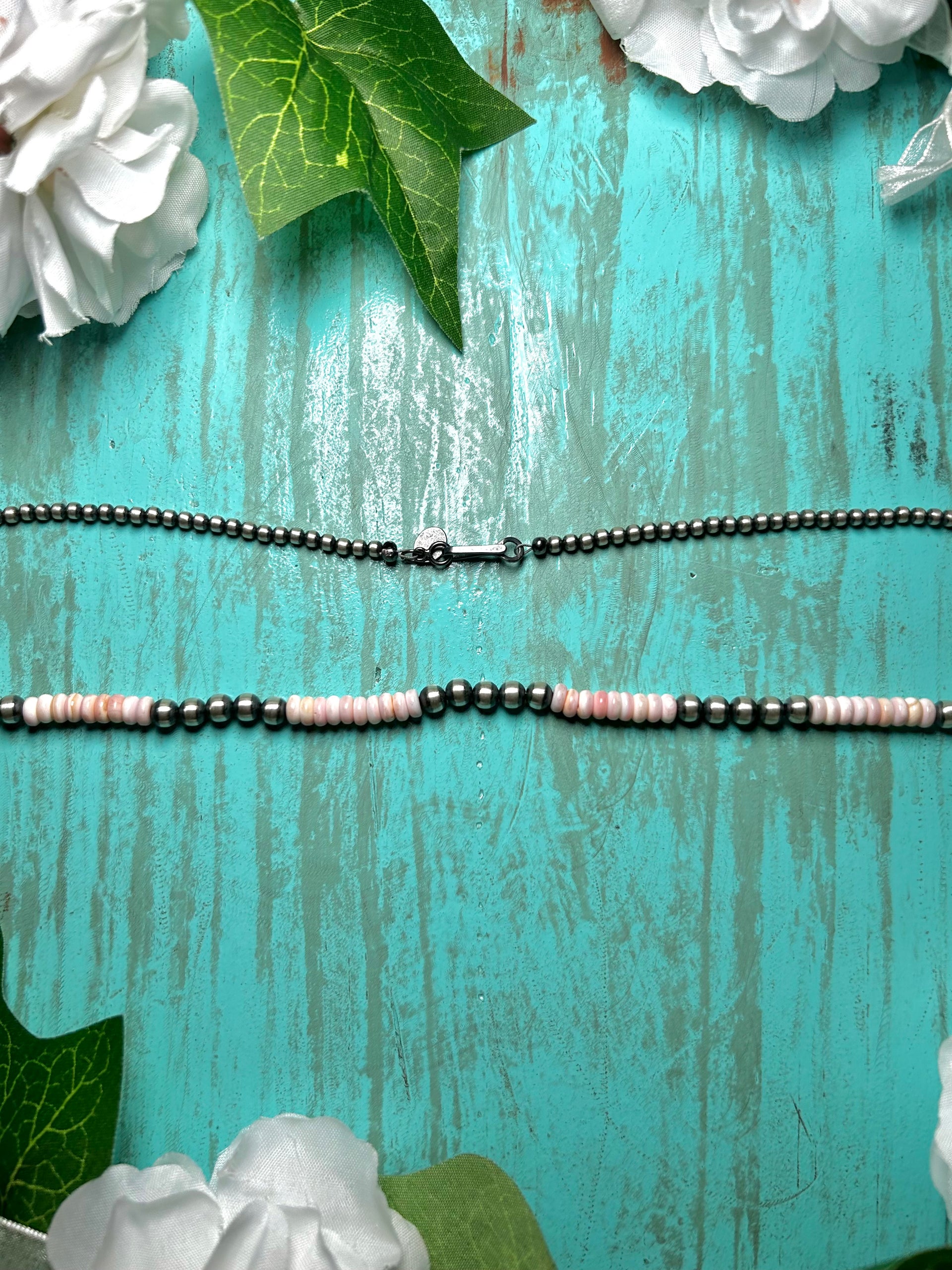 Navajo Made Strung Pink Conch  & Sterling Silver Necklace