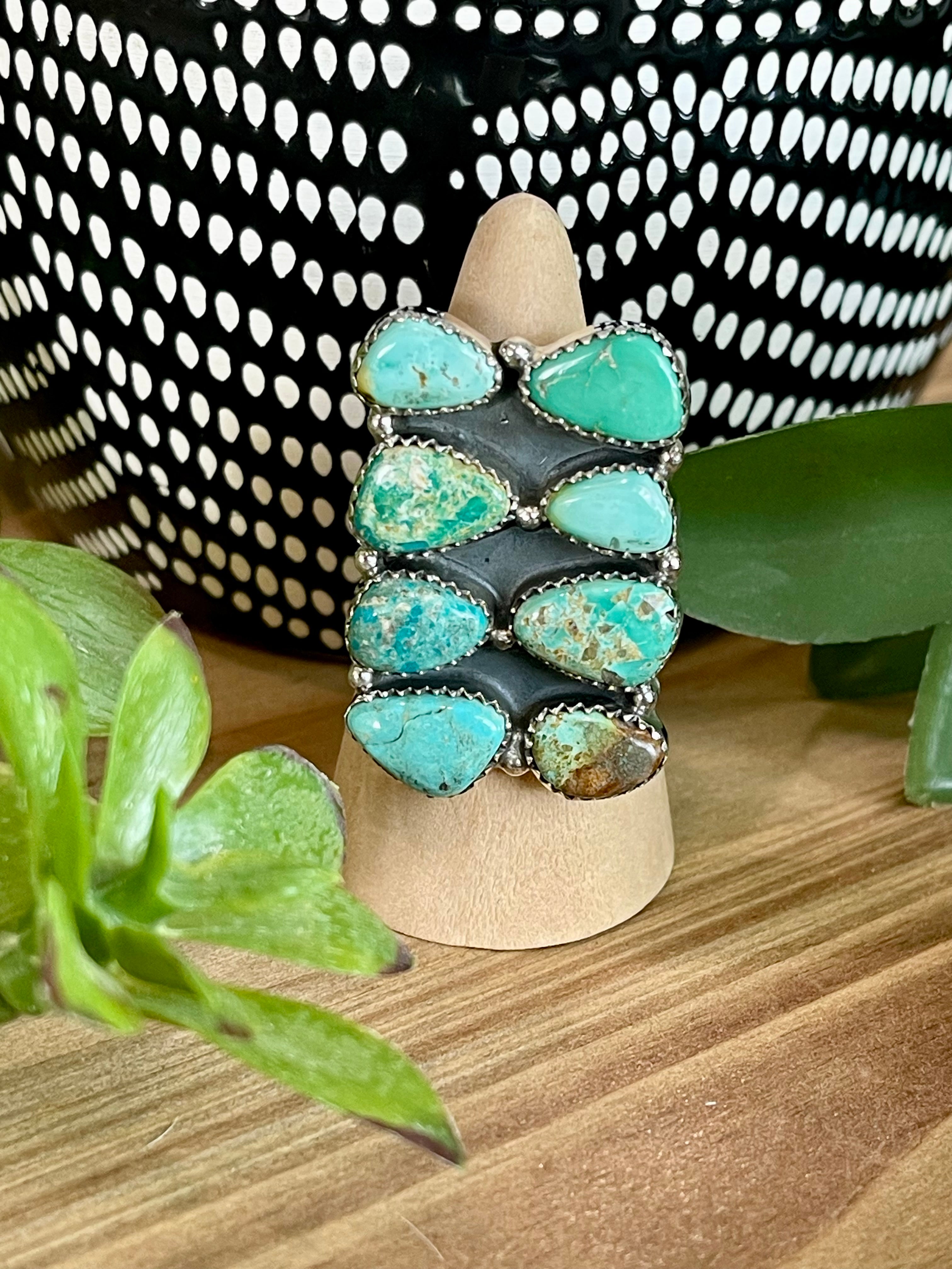 Southwest Handmade Sonoran Mountain Turquoise & Sterling Silver Cluster Adjustable Ring