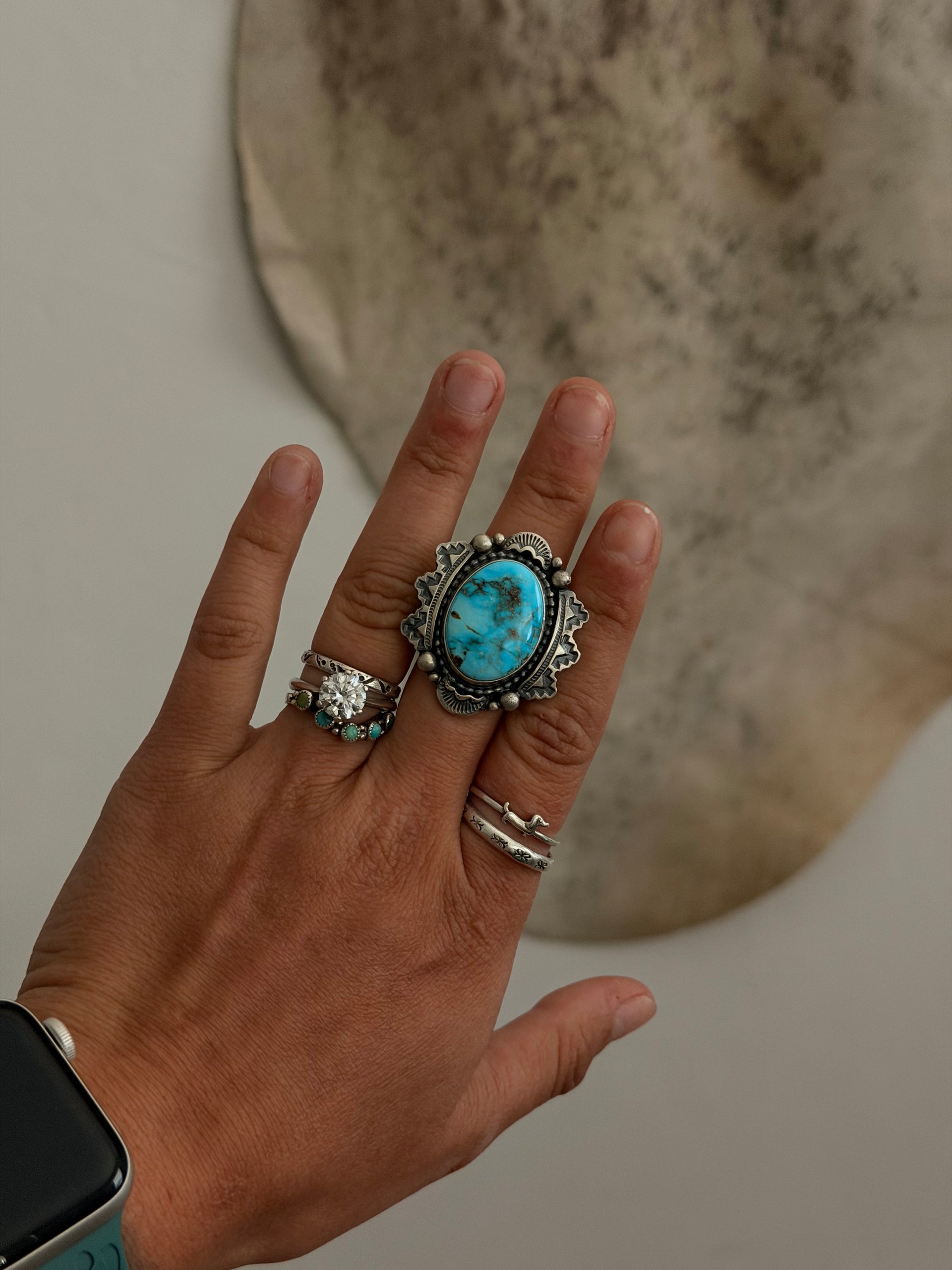 Navajo Made High Grade Kingman Turquoise & Sterling Silver Ring Size 6.25