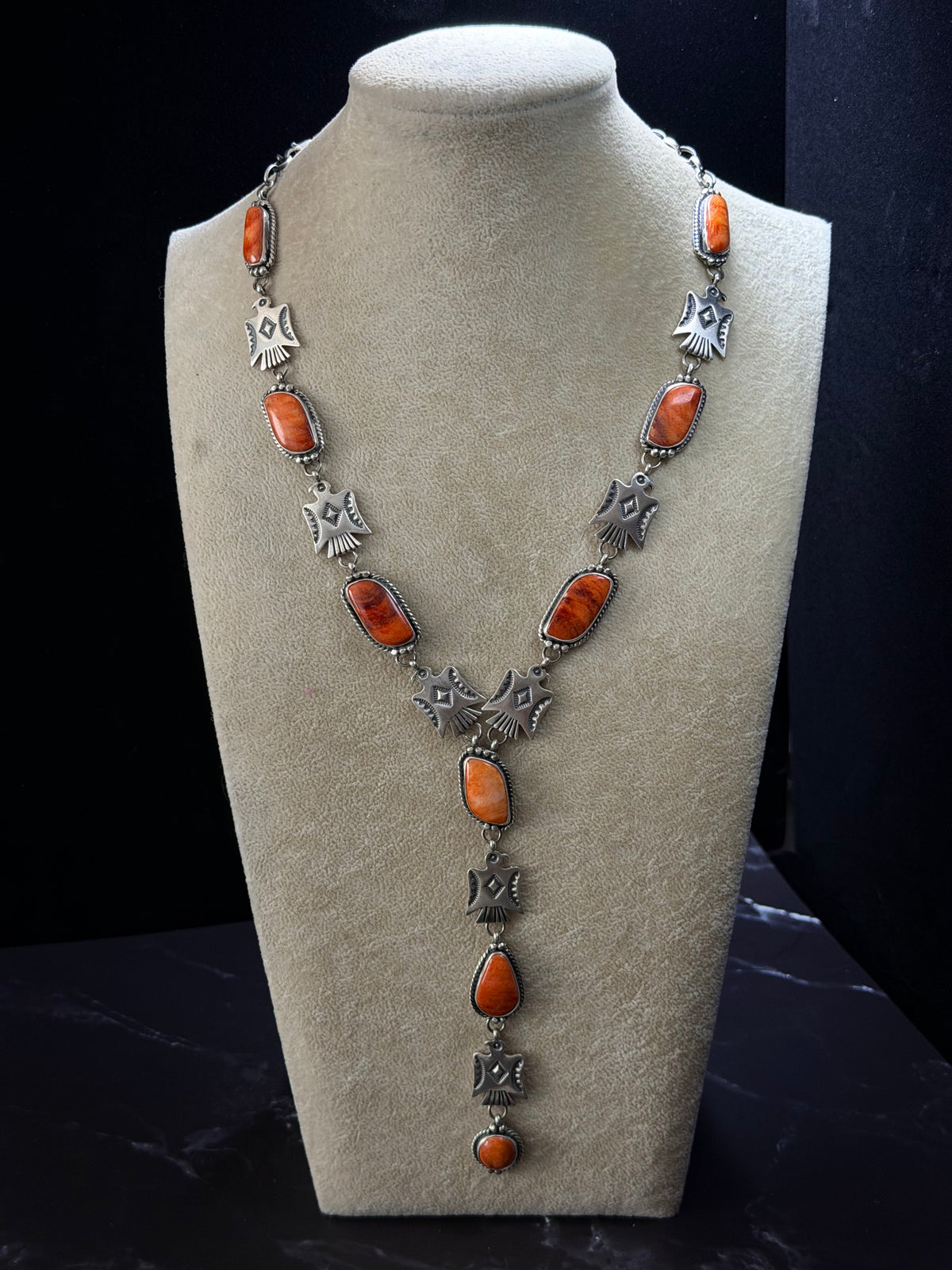 Fred Francis Spiny Oyster and Sterling Silver Thunderbird Lariat Necklace Set