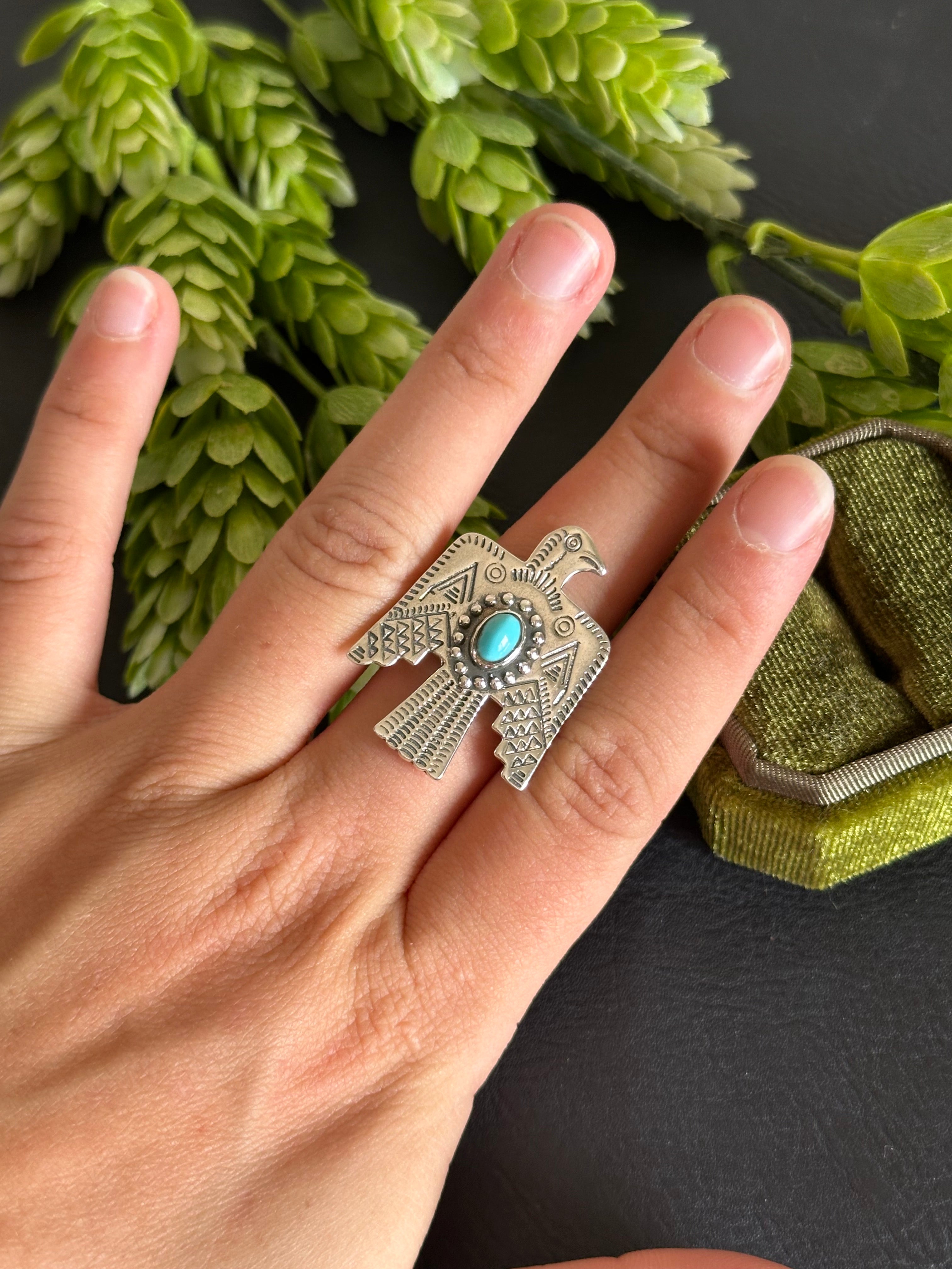 Southwest Handmade Turquoise& Sterling Silver Thunderbird Adjustable Ring