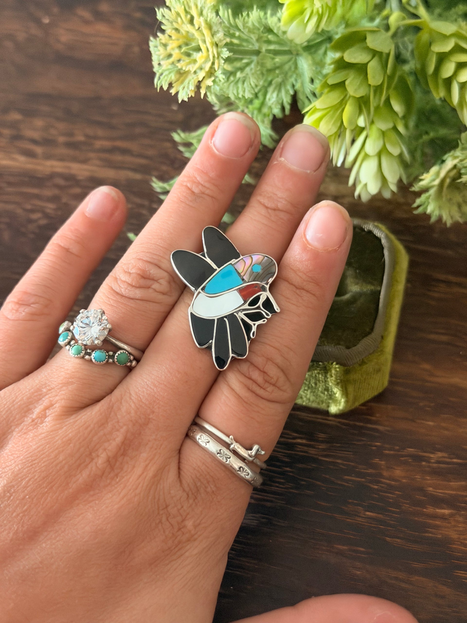 Zuni Made Multi Stone & Sterling Silver Inlay Hummingbird Ring Size 10.25
