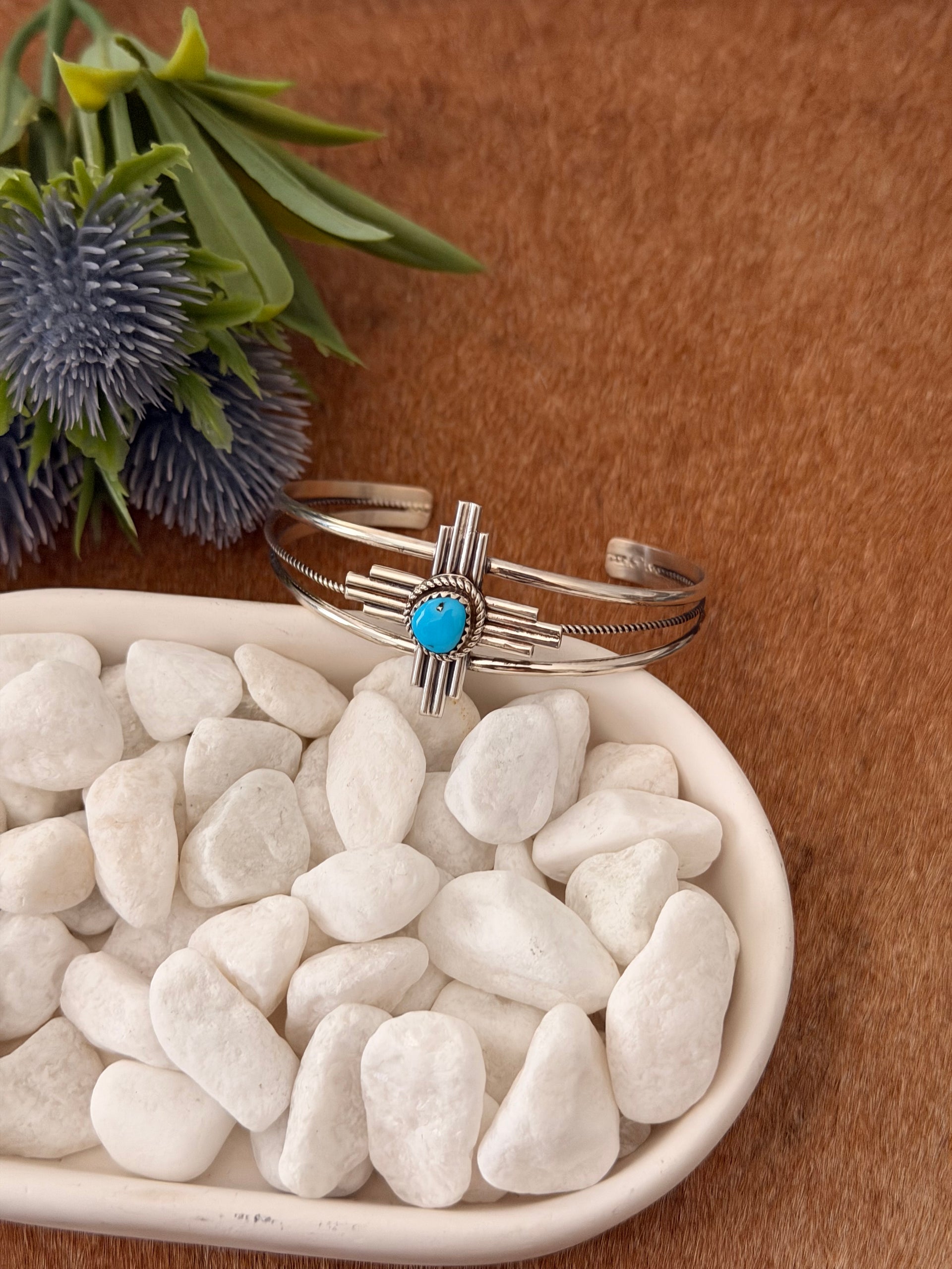 Navajo Made Kingman Turquoise & Sterling Silver Zia Cuff Bracelet