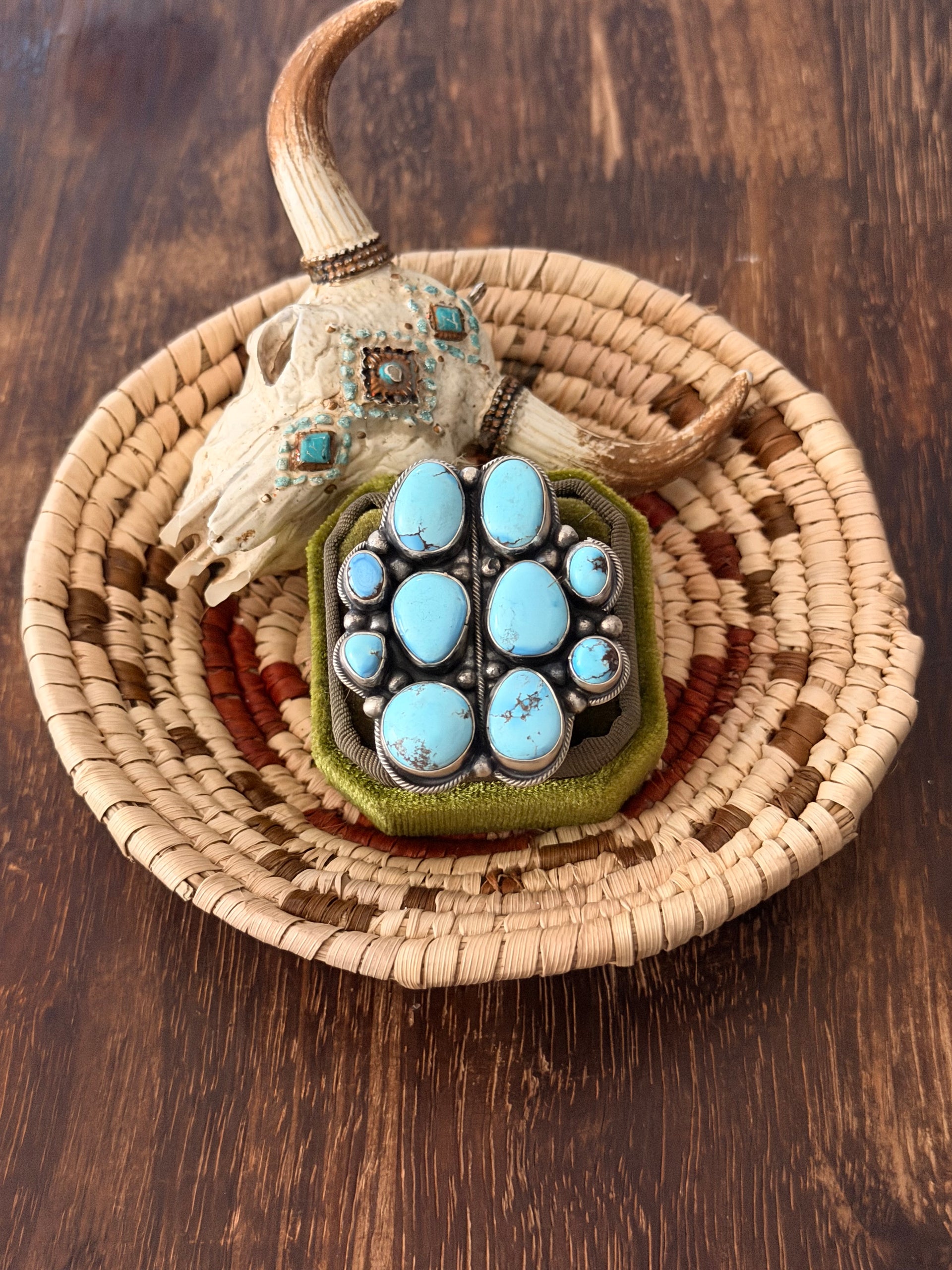 Sheila Becenti Golden Hills Turquoise Sterling Silver Cluster Adjustable Ring