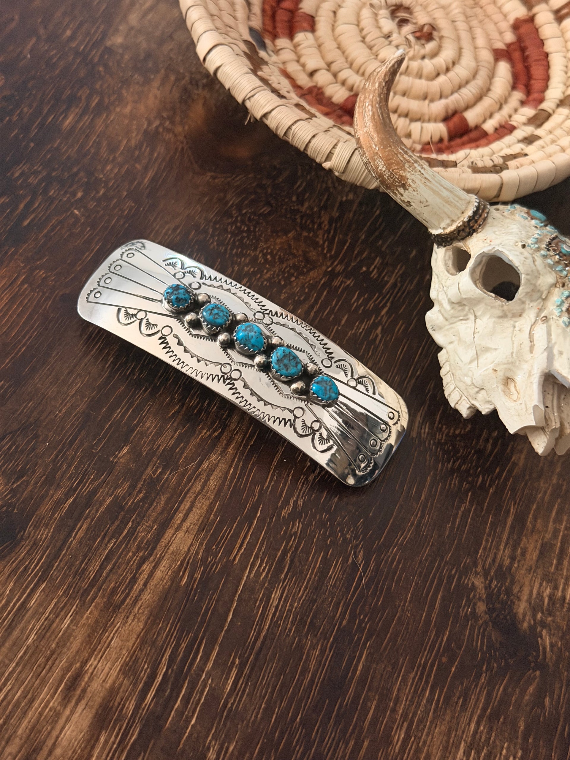 Navajo Made Kingman Turquoise & Sterling Silver Hair Barrette