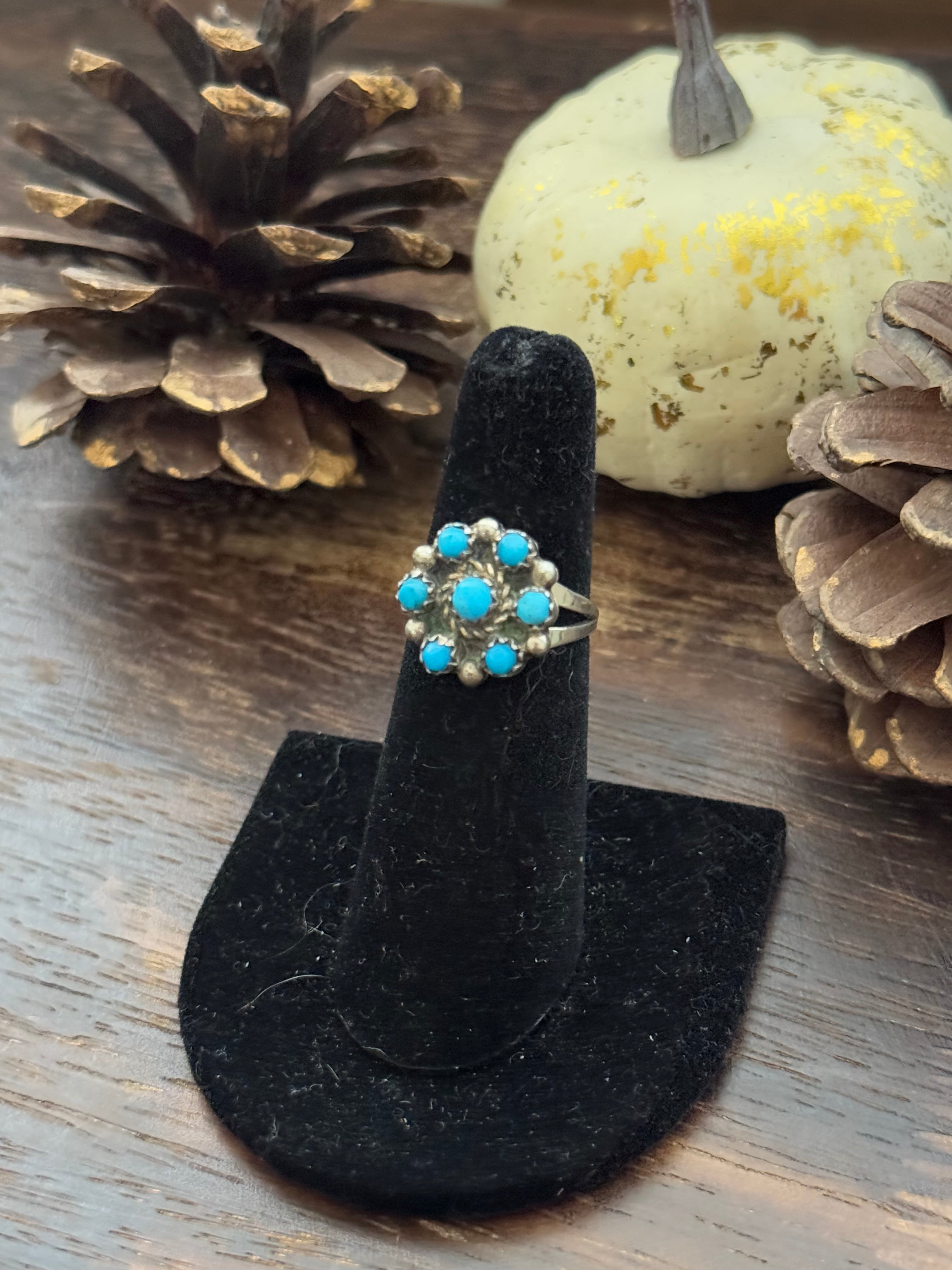 Vintage Zuni Made Kingman Turquoise & Sterling Silver Cluster Ring Size 5