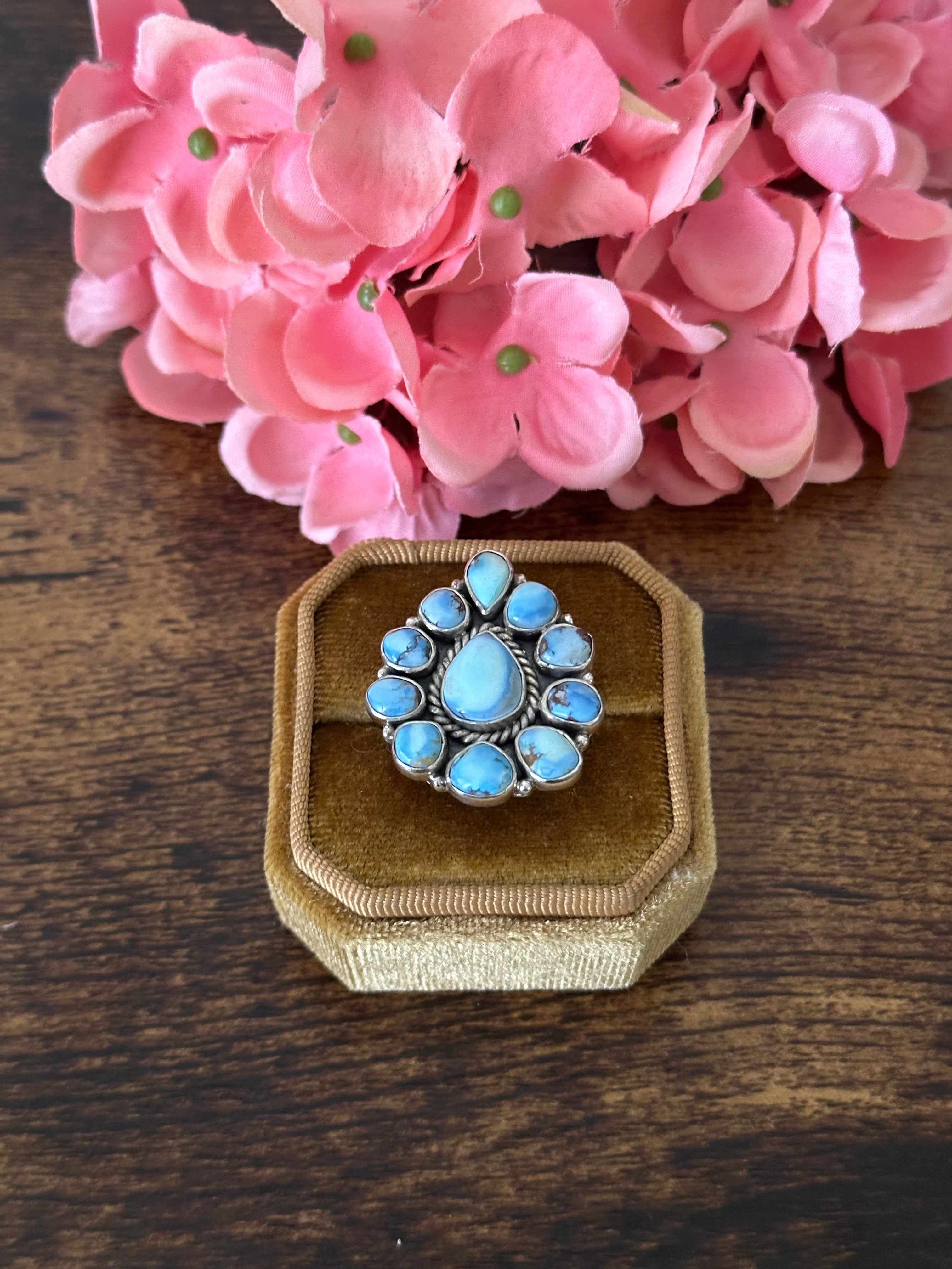 Southwest Handmade Golden Hills Turquoise & Sterling Silver Cluster Adjustable Ring