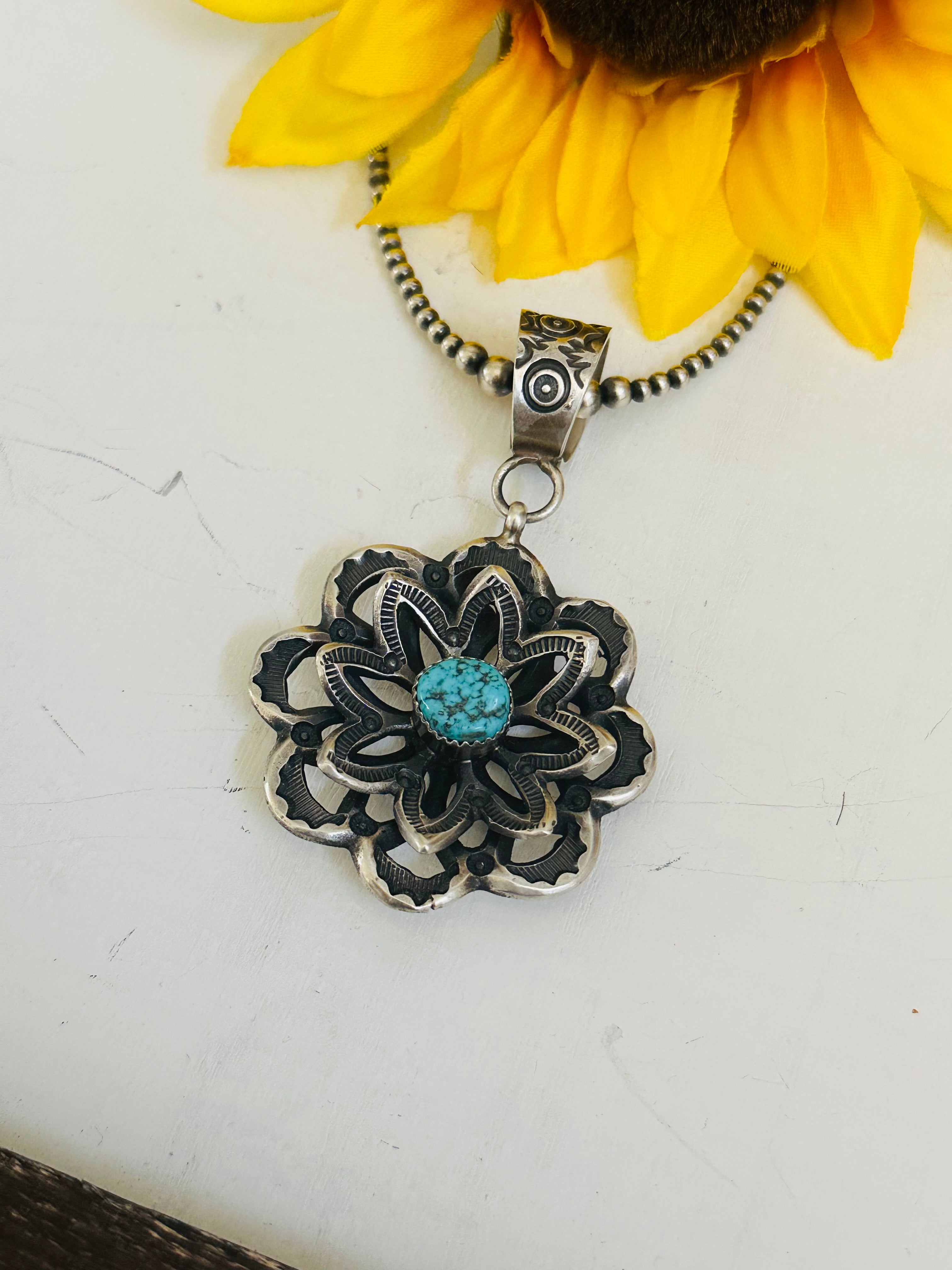 Kindale Billah Kingman Turquoise & Sterling Silver Flower Pendant