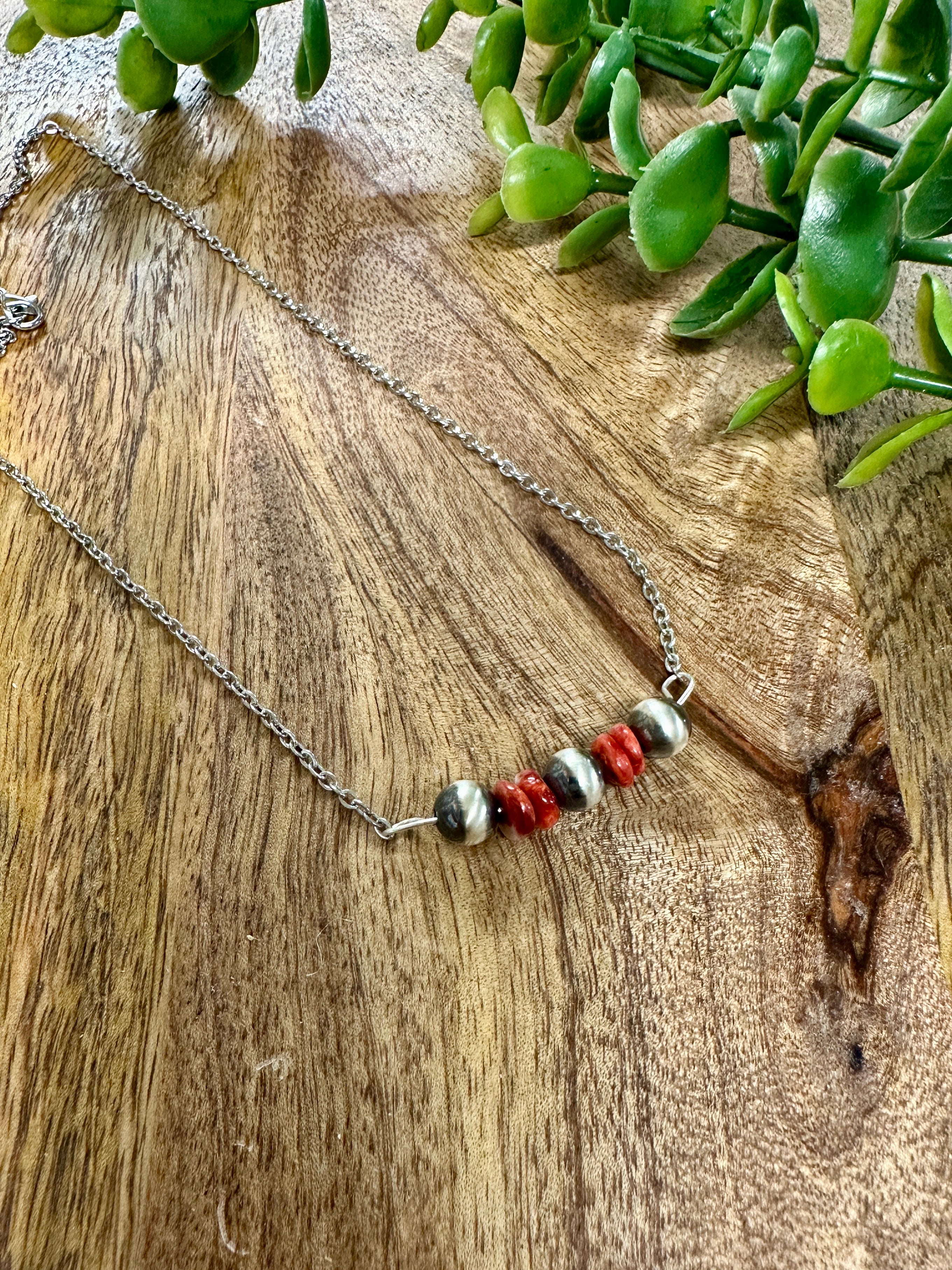 Handmade Red Spiny Oyster & Sterling Silver Pearl Necklace