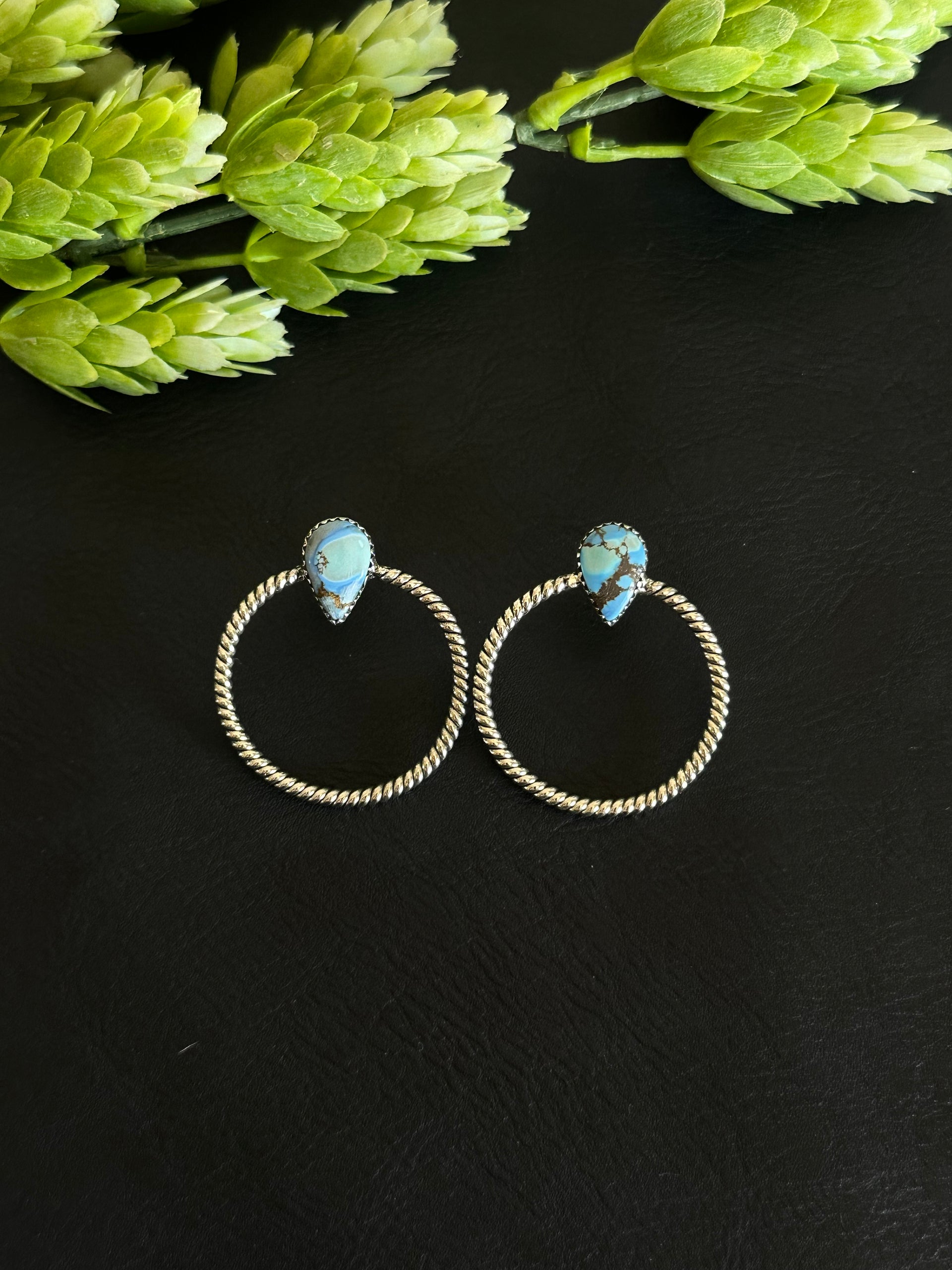 Southwest Handmade Golden Hills Turquoise & Sterling Silver Post Hoop Earrings