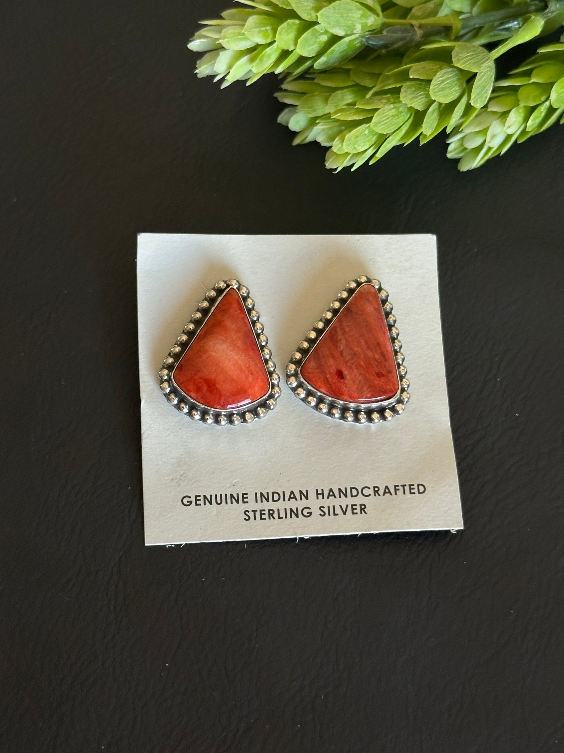 Navajo Made Red Spiny Oyster & Sterling Silver Post Earrings