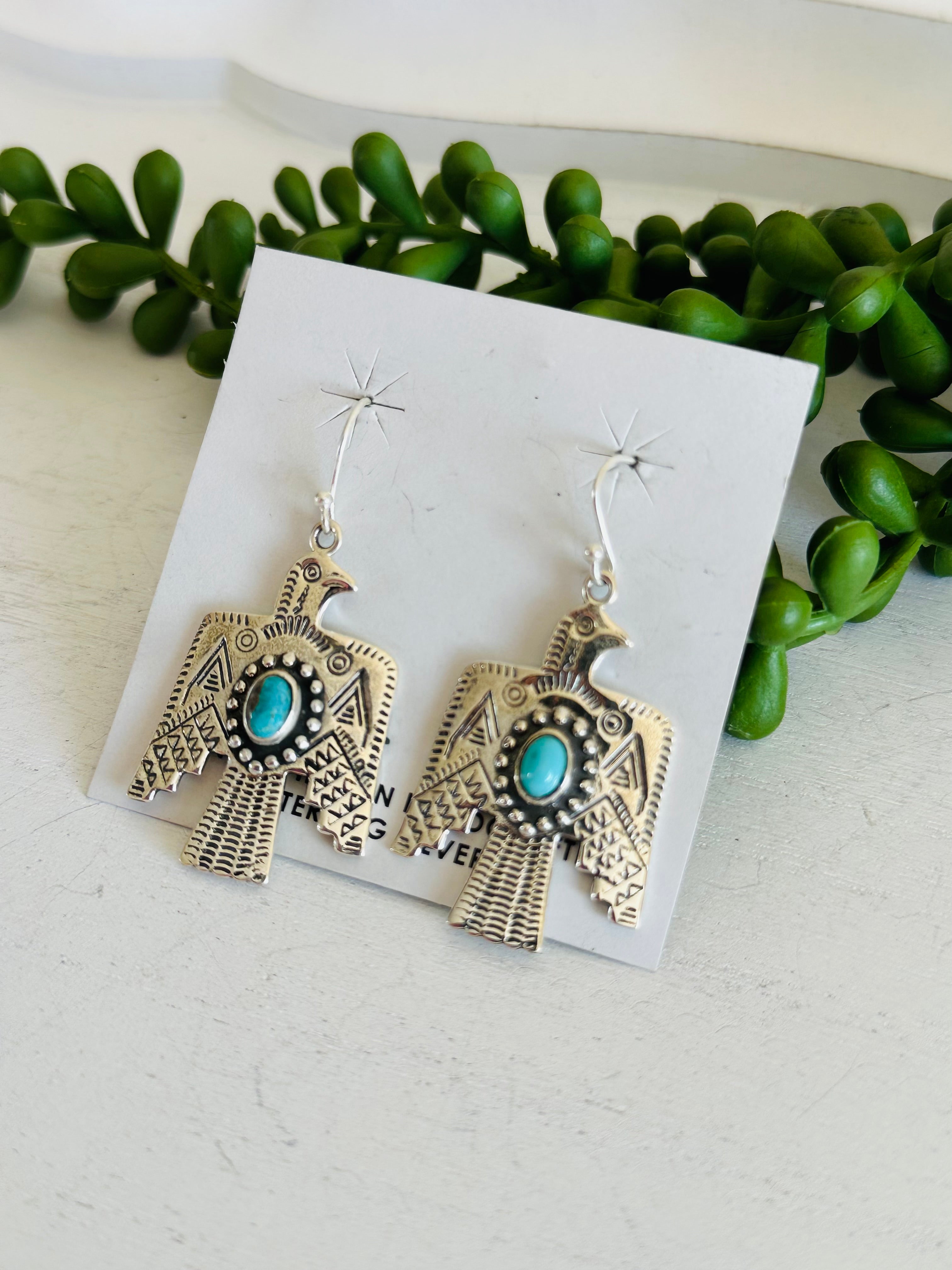 Southwest Handmade Kingman Turquoise& Sterling Silver Dangle Thunderbird Earrings