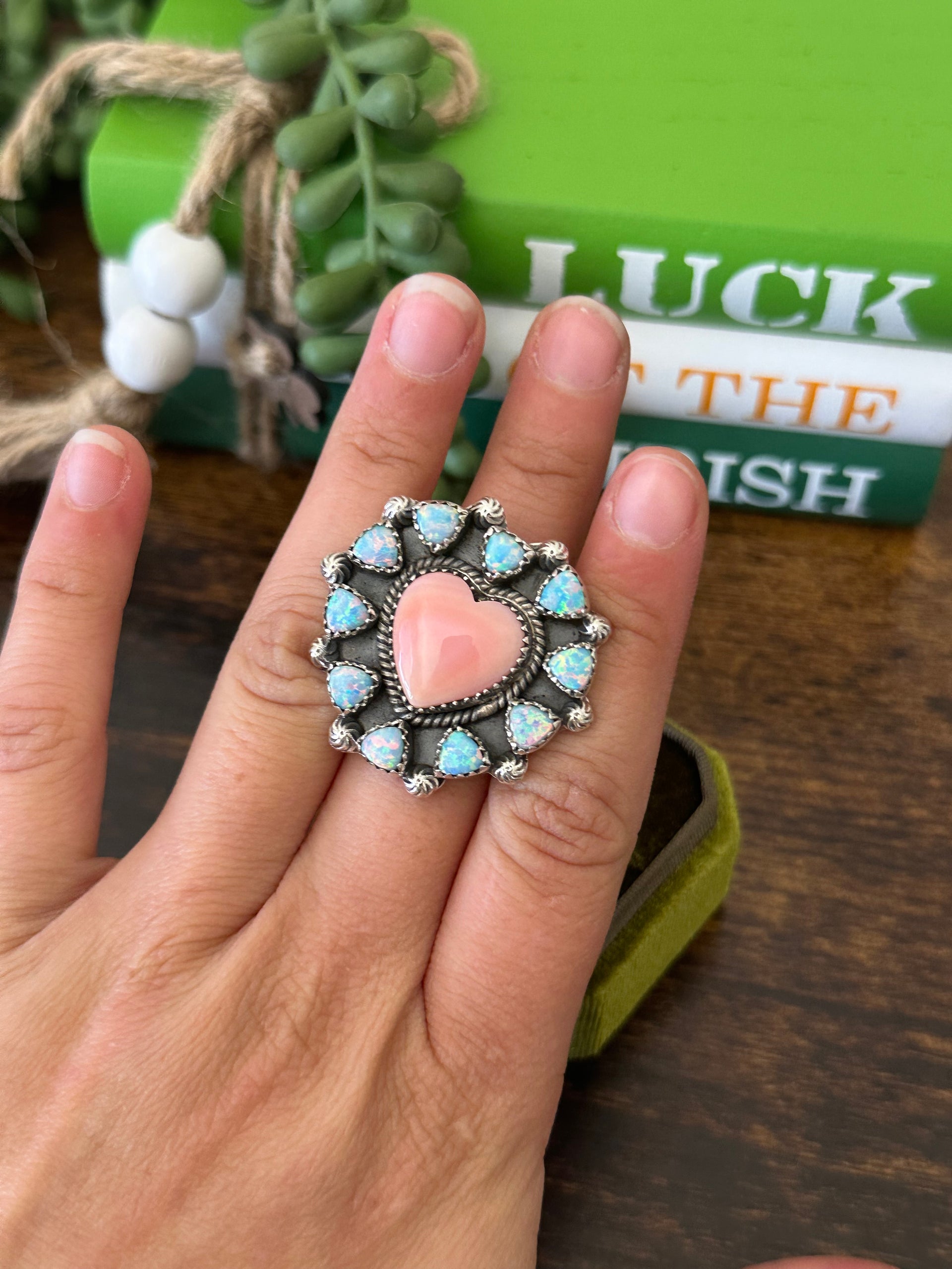 Southwest Handmade Multi Stone & Sterling Silver Adjustable Cluster Heart Ring