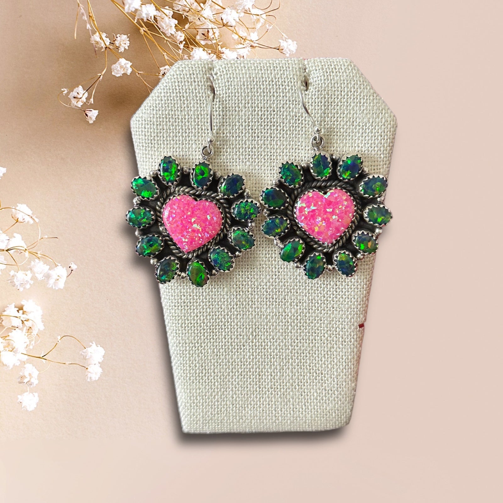 Southwest Handmade Opal & Sterling Silver Dangle Cluster Heart Earrings