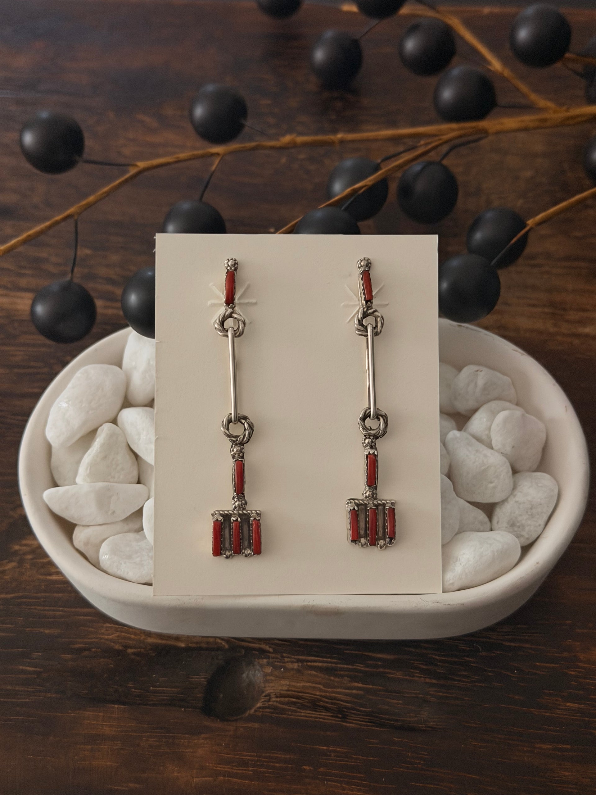 Zuni Made Red Coral & Sterling Silver Post Dangle Earrings