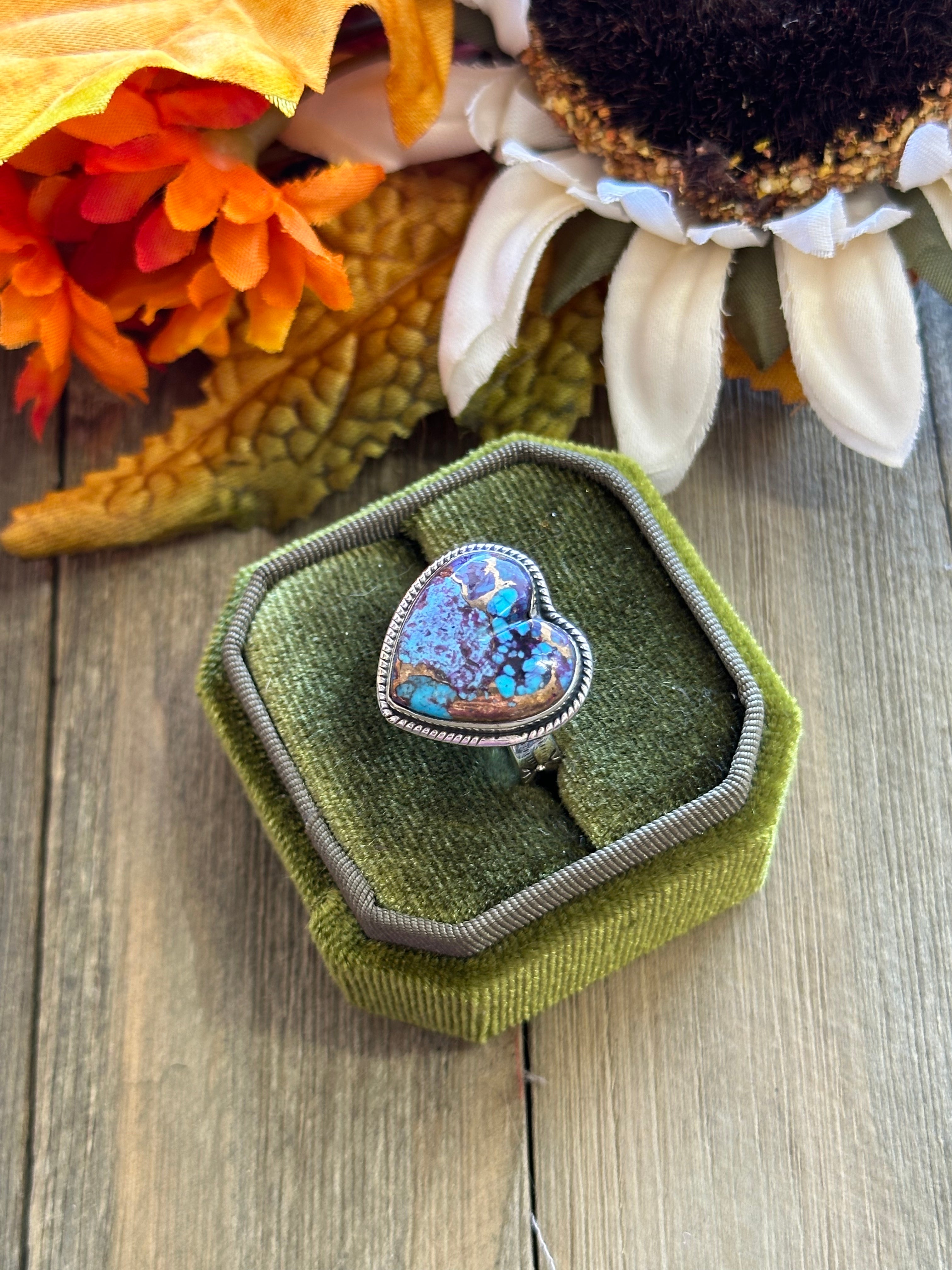 Southwest Handmade Mohave Turquoise & Sterling Silver Adjustable Heart Ring