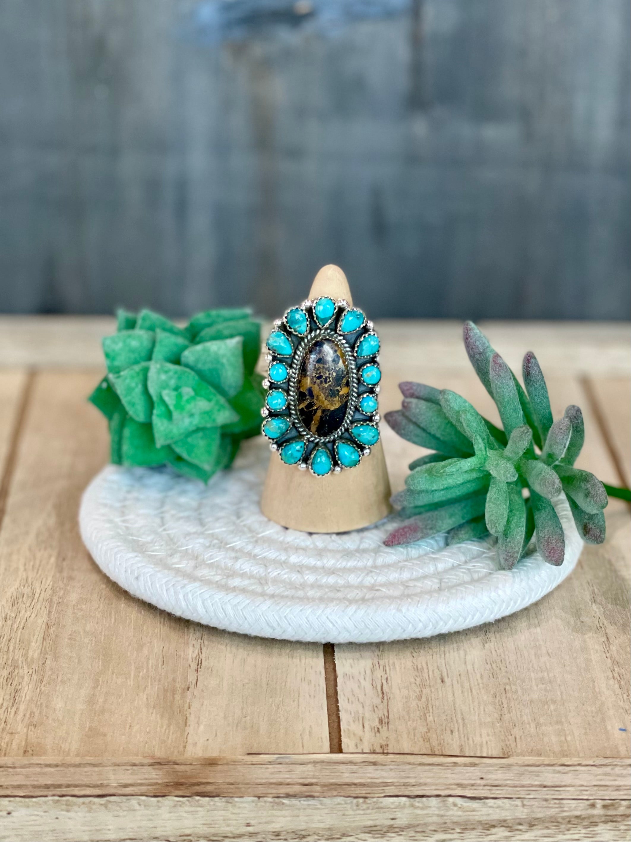 Southwest Handmade BlackJack Turquoise And Kingman Turquoise & Sterling Silver Adjustable Ring