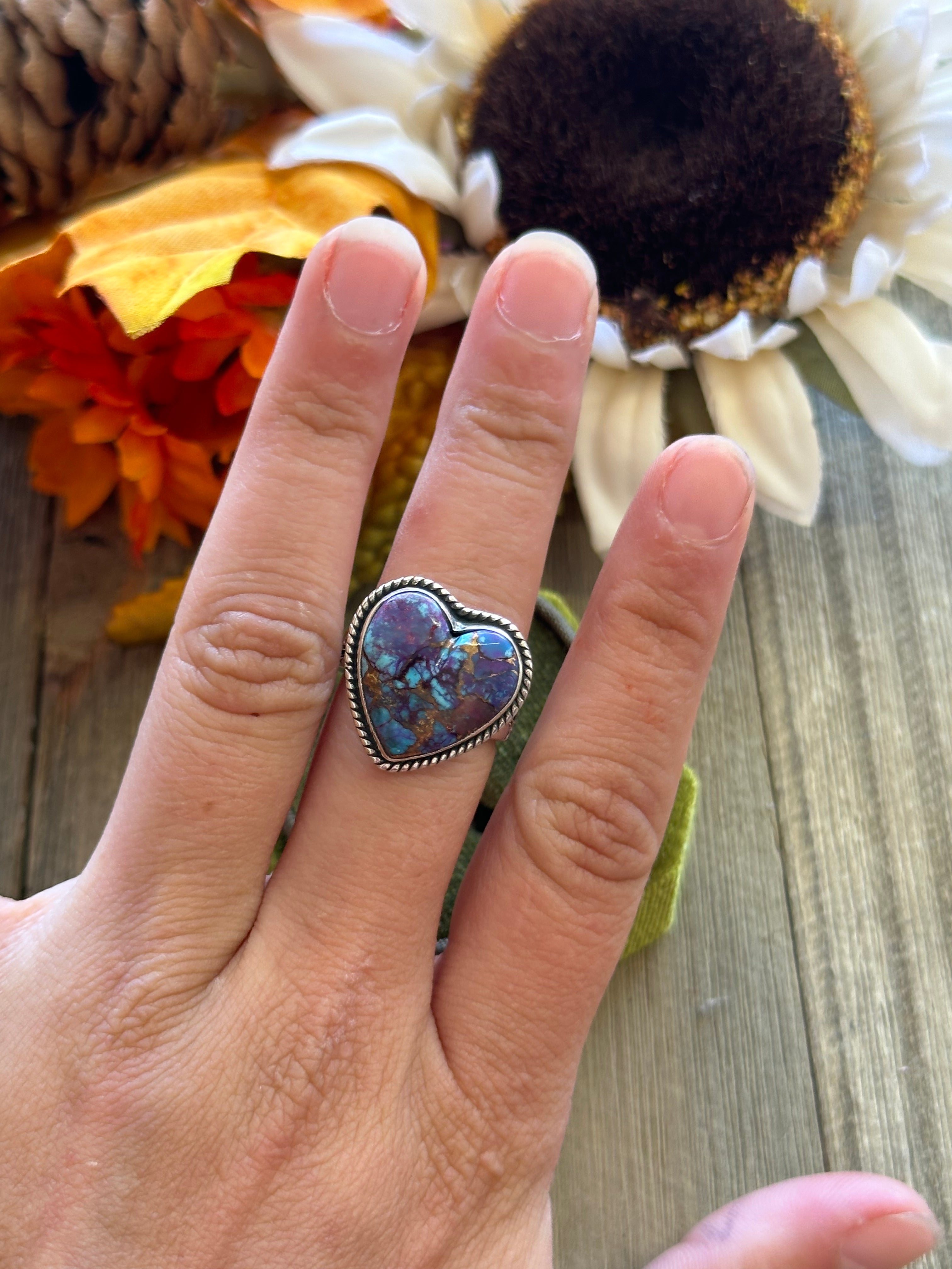 Southwest Handmade Mohave Turquoise & Sterling Silver Adjustable Heart Ring