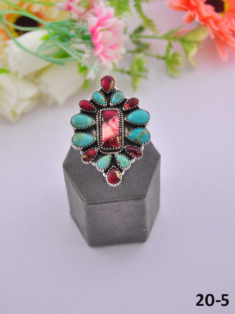 Southwest Made Multi Stone & Sterling Sliver Cluster Adjustable Ring