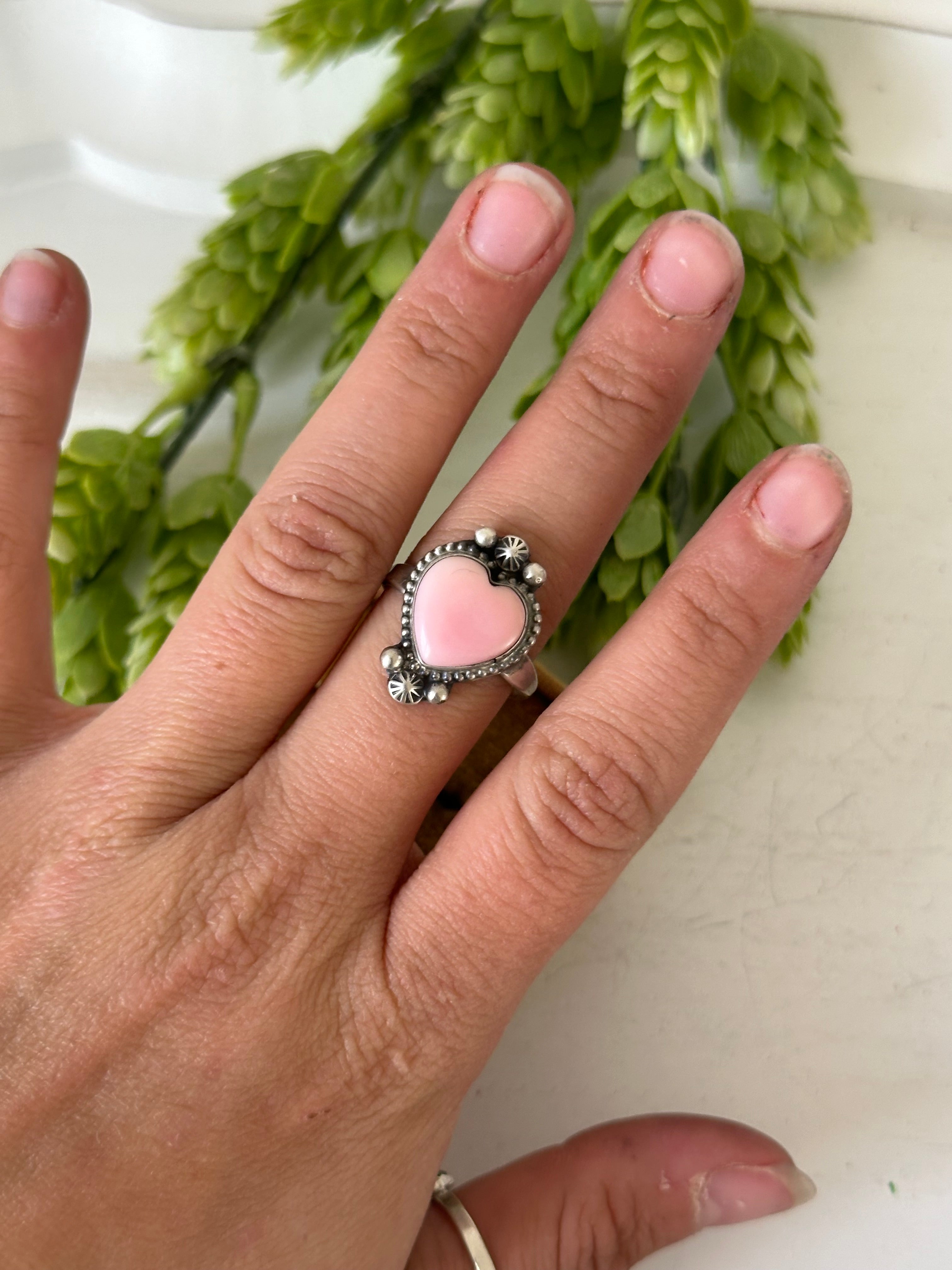 Navajo Made Pink Conch & Sterling Silver Heart Ring