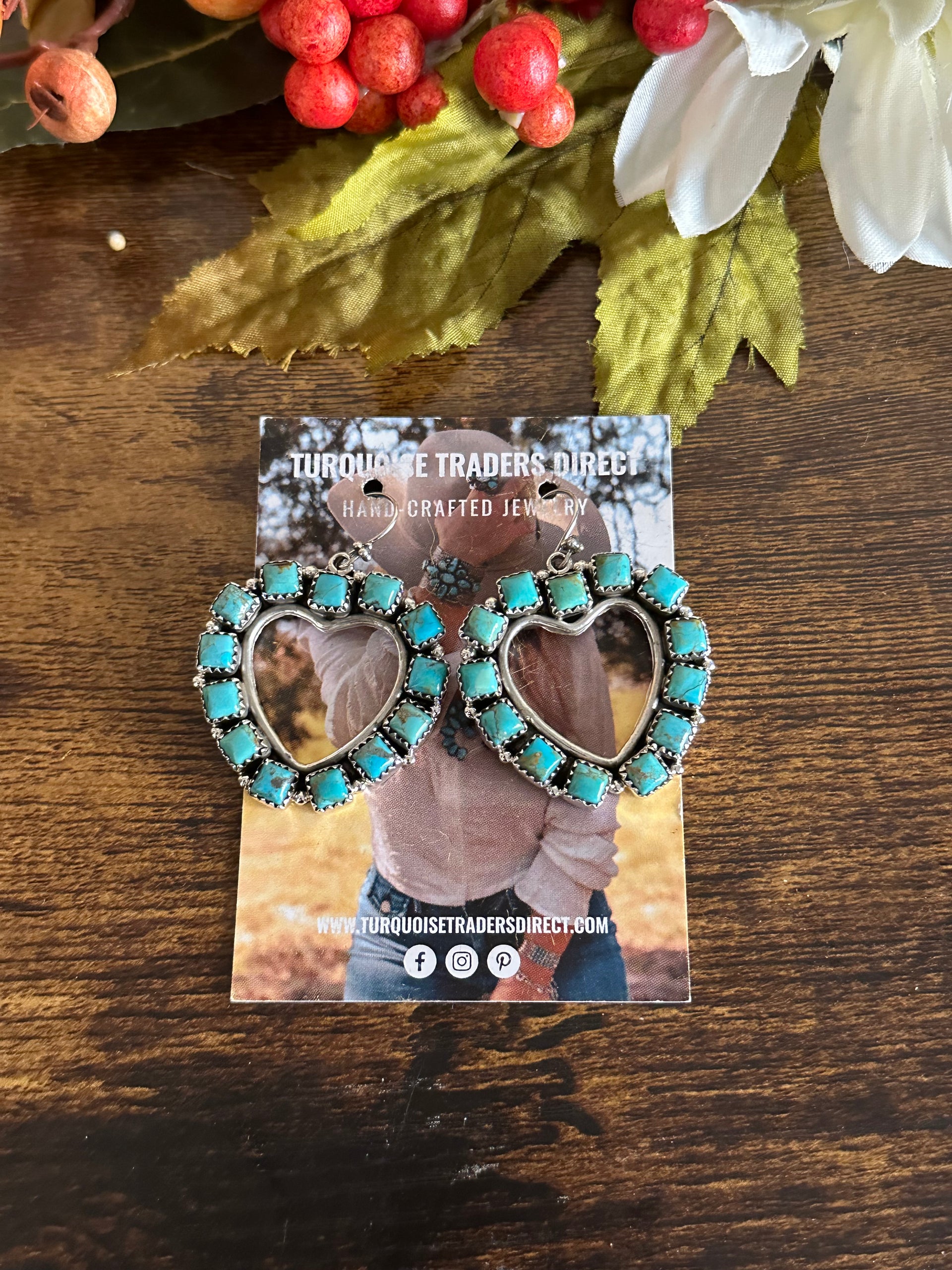 Southwest Kingman Turquoise & Sterling Silver Dangle Cluster Heart Earrings
