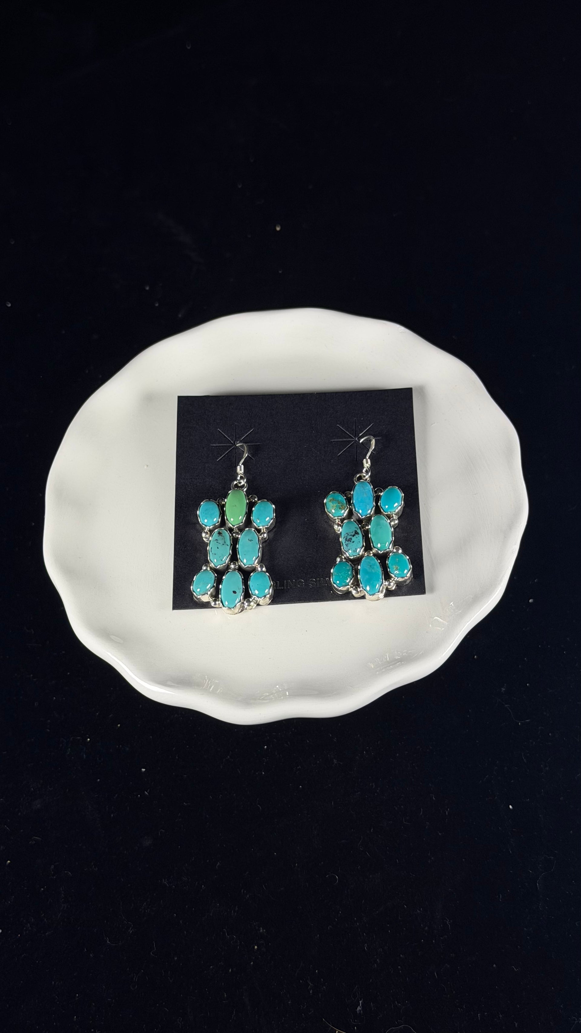 Julia Etsitty Kingman Turquoise & Sterling Silver Dangle Cluster Earrings