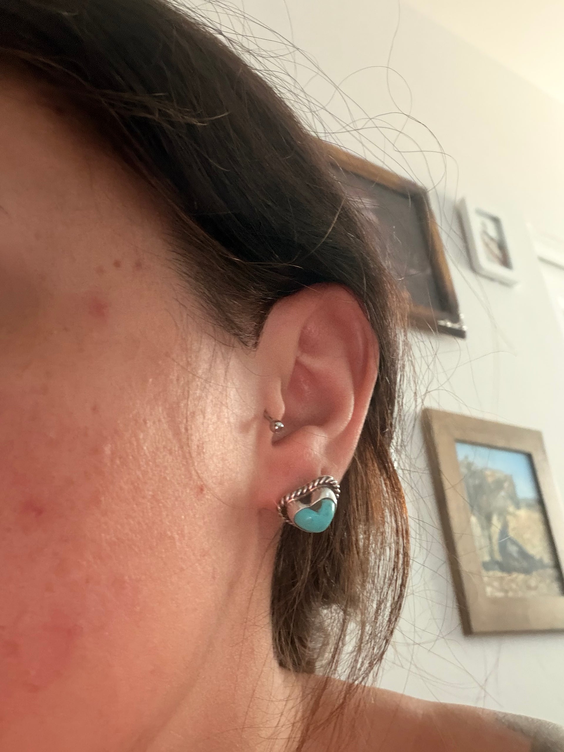 Larson Chee Kingman Turquoise & Sterling Silver Post Heart Earrings
