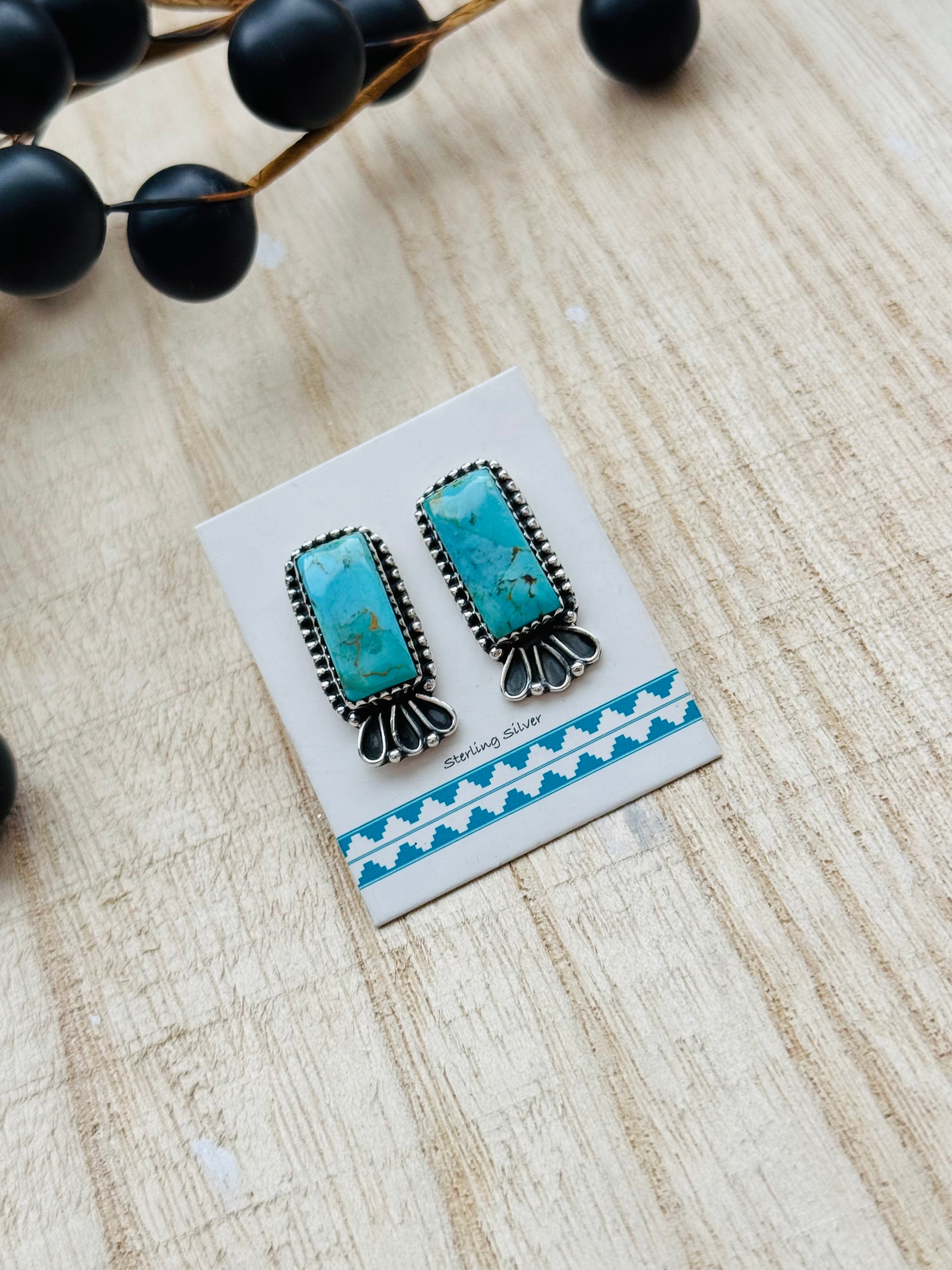 Southwest Handmade #8 Turquoise & Sterling Silver Post Bar Earrings