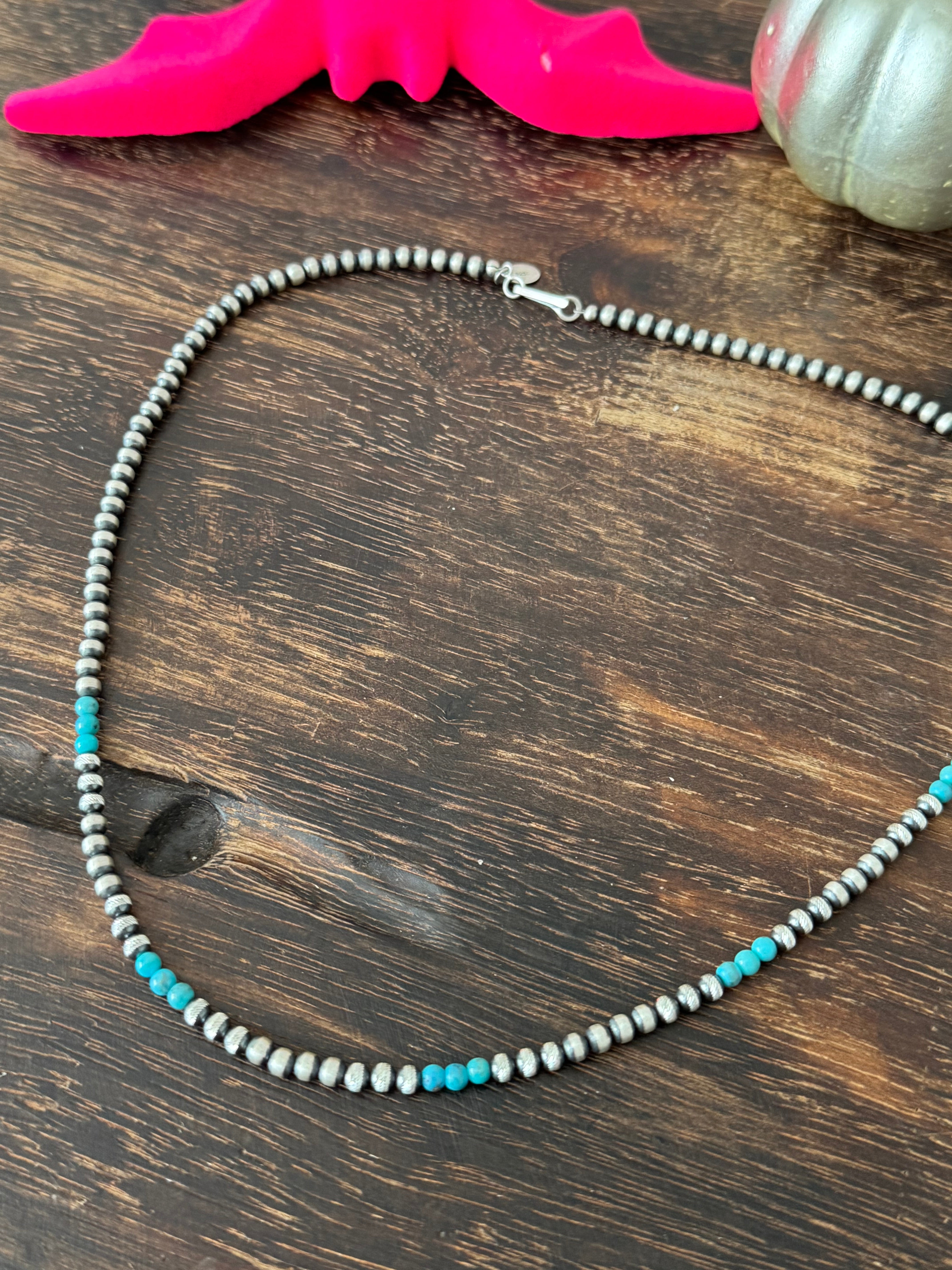 Navajo Strung Egyptian Turquoise & Sterling Silver 4MM Beaded Necklace