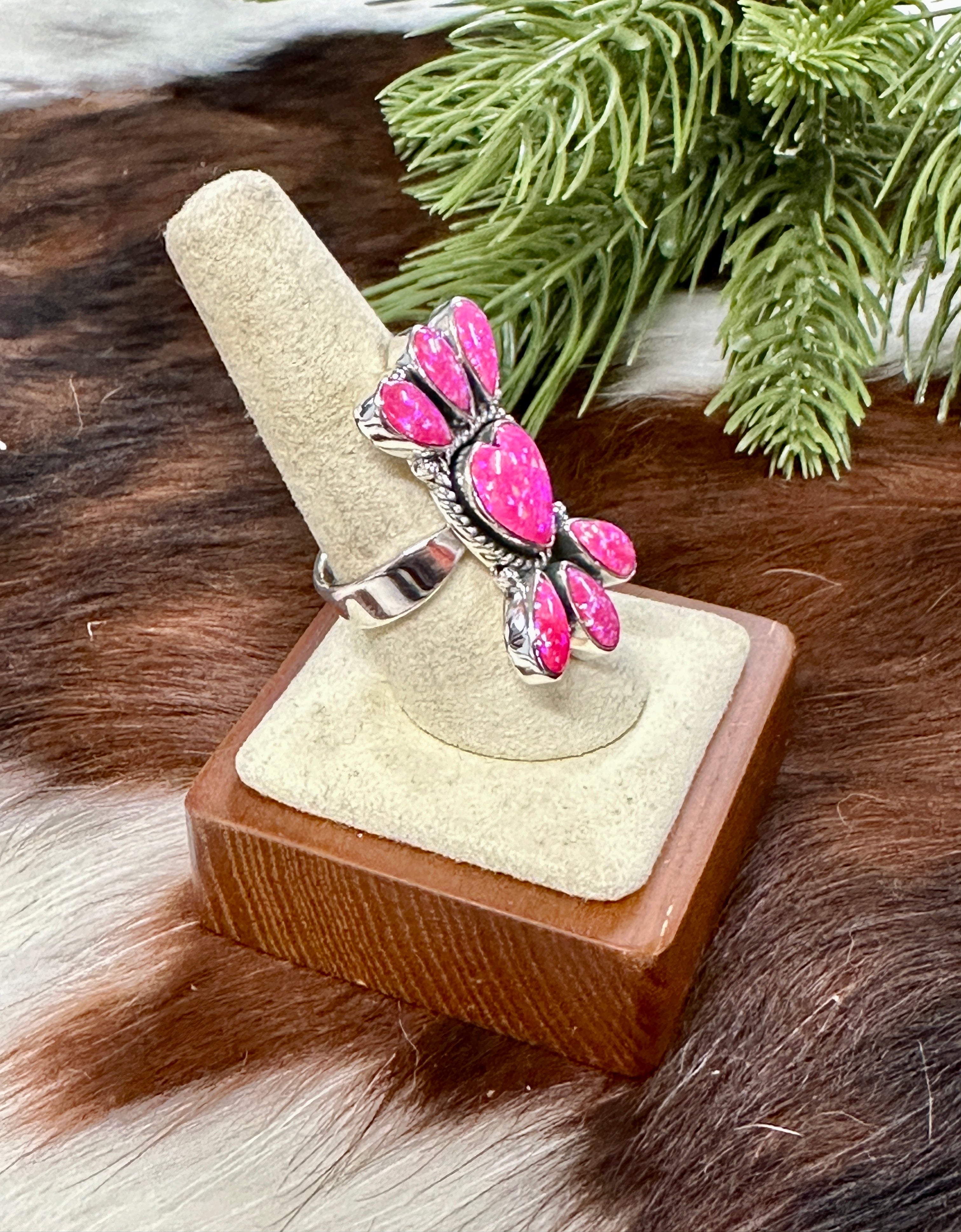 Southwest Handmade Hot Pink Opal & Sterling Silver Cluster Adjustable Rings