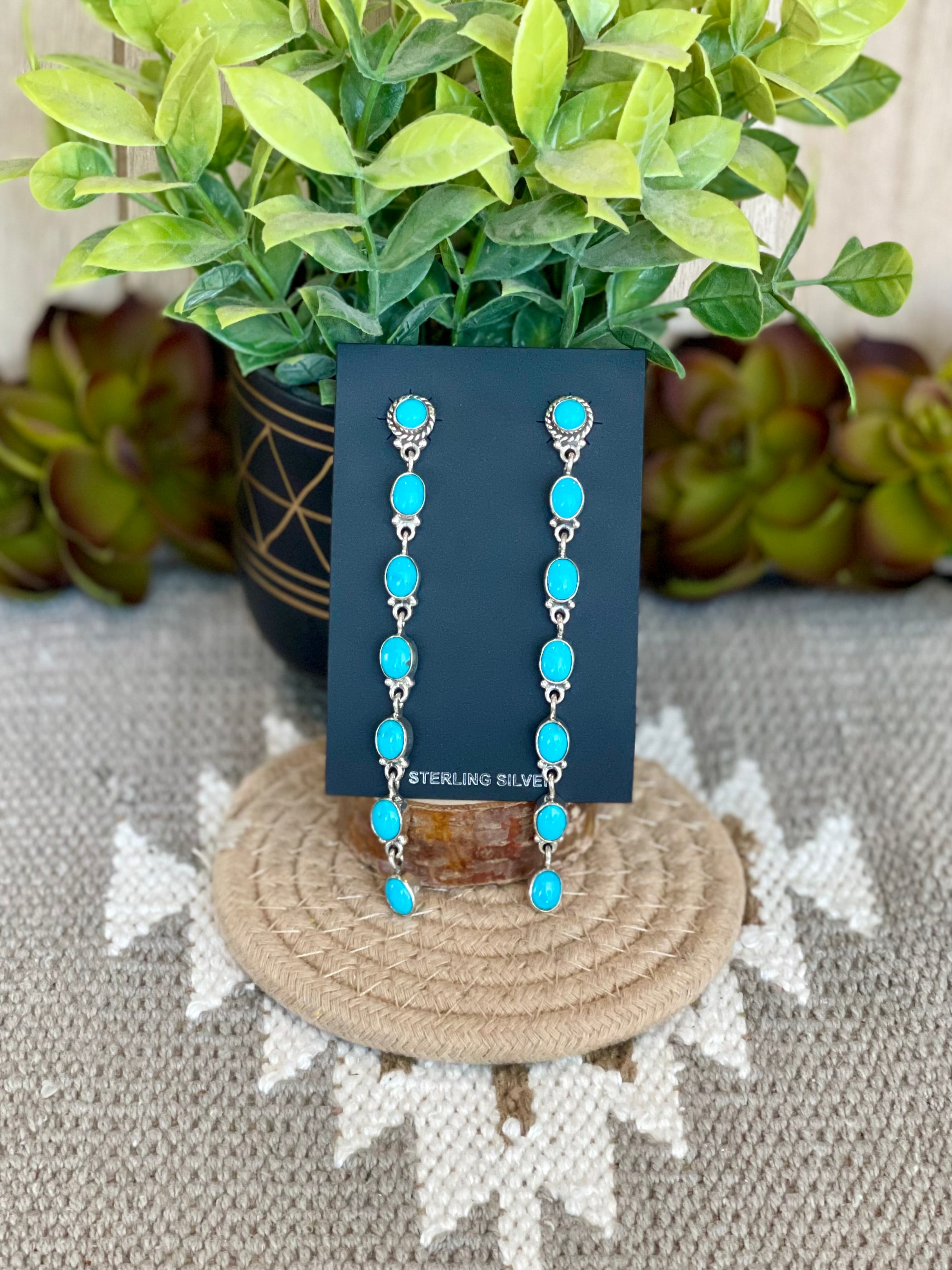 Southwest Handmade Kingman Turquoise & Sterling Silver Post Dangle 7 Stone Earrings