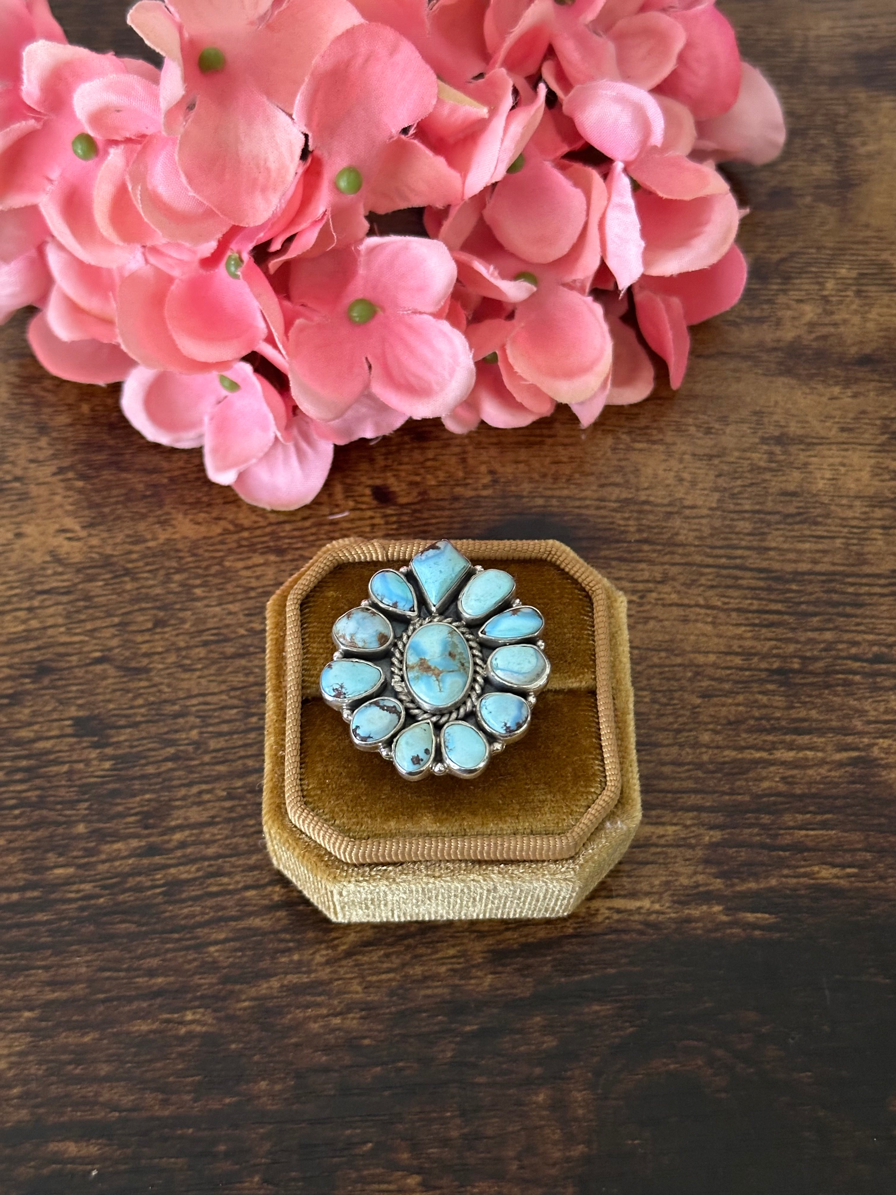 Southwest Handmade Golden Hills Turquoise & Sterling Silver Cluster Adjustable Ring