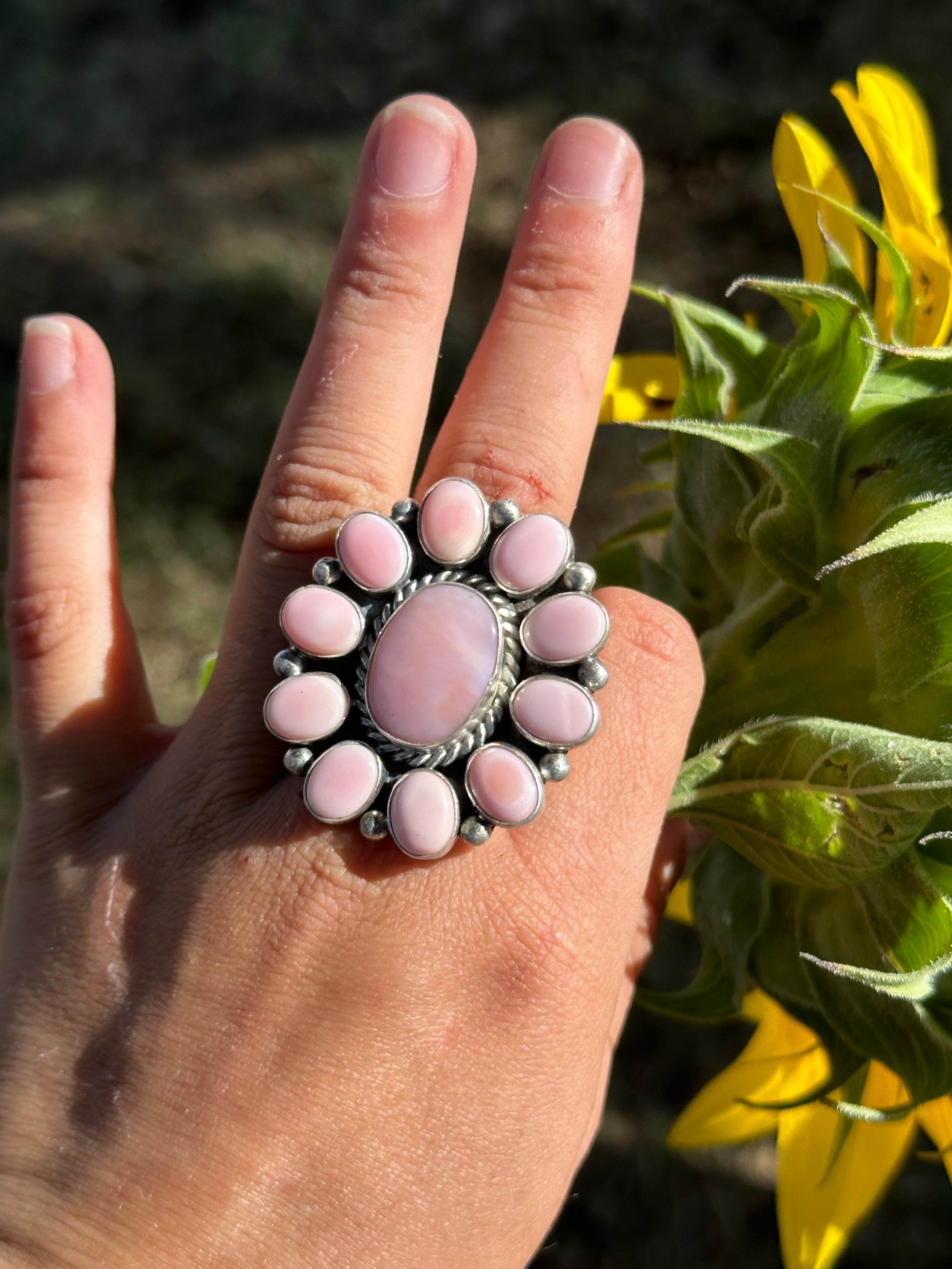 Virginia Becenti Pink Conch & Sterling Silver Adjustable Cluster Ring