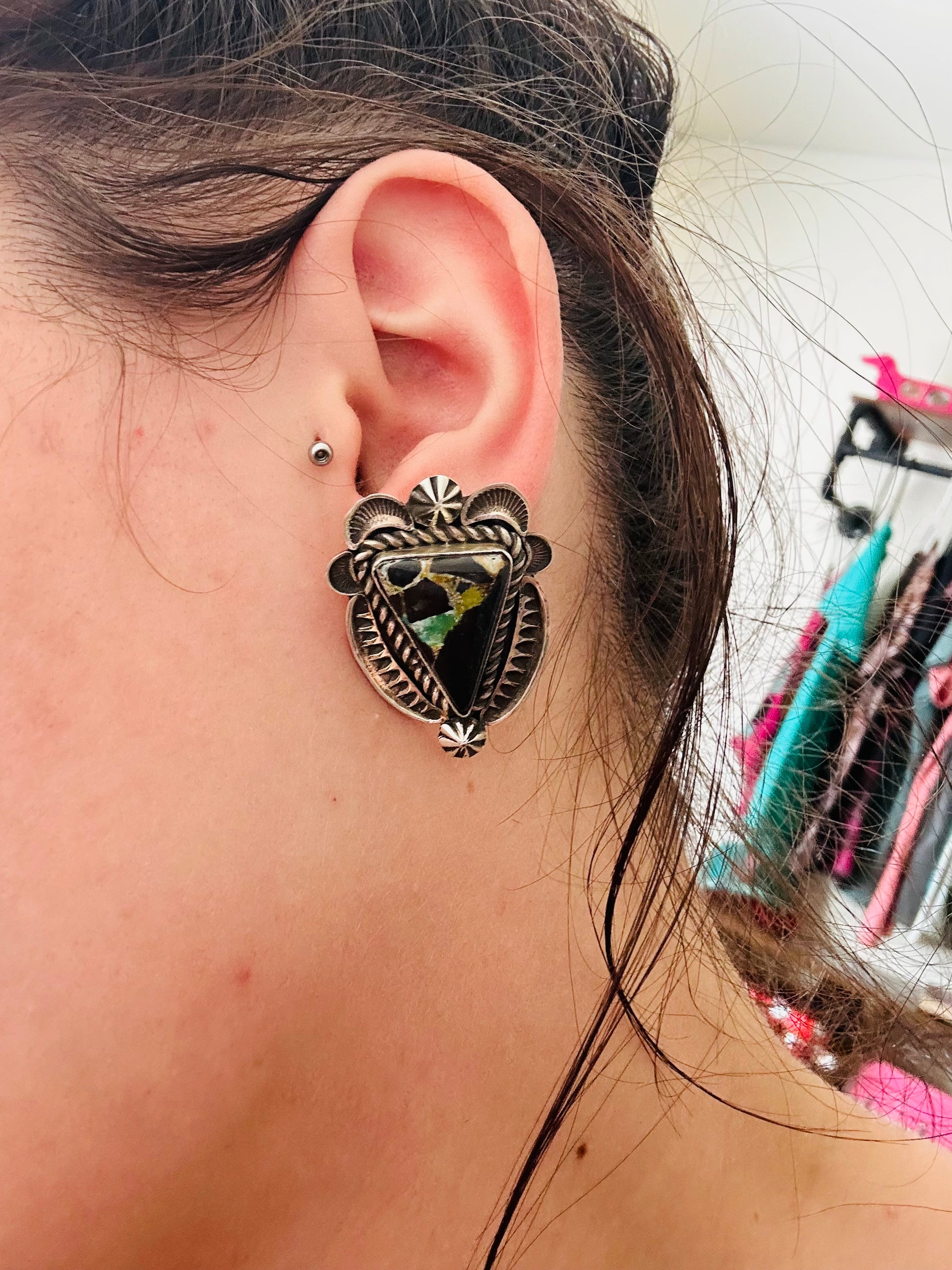 Alex Sanchez Black Jack Turquoise & Sterling Silver Post Earrings