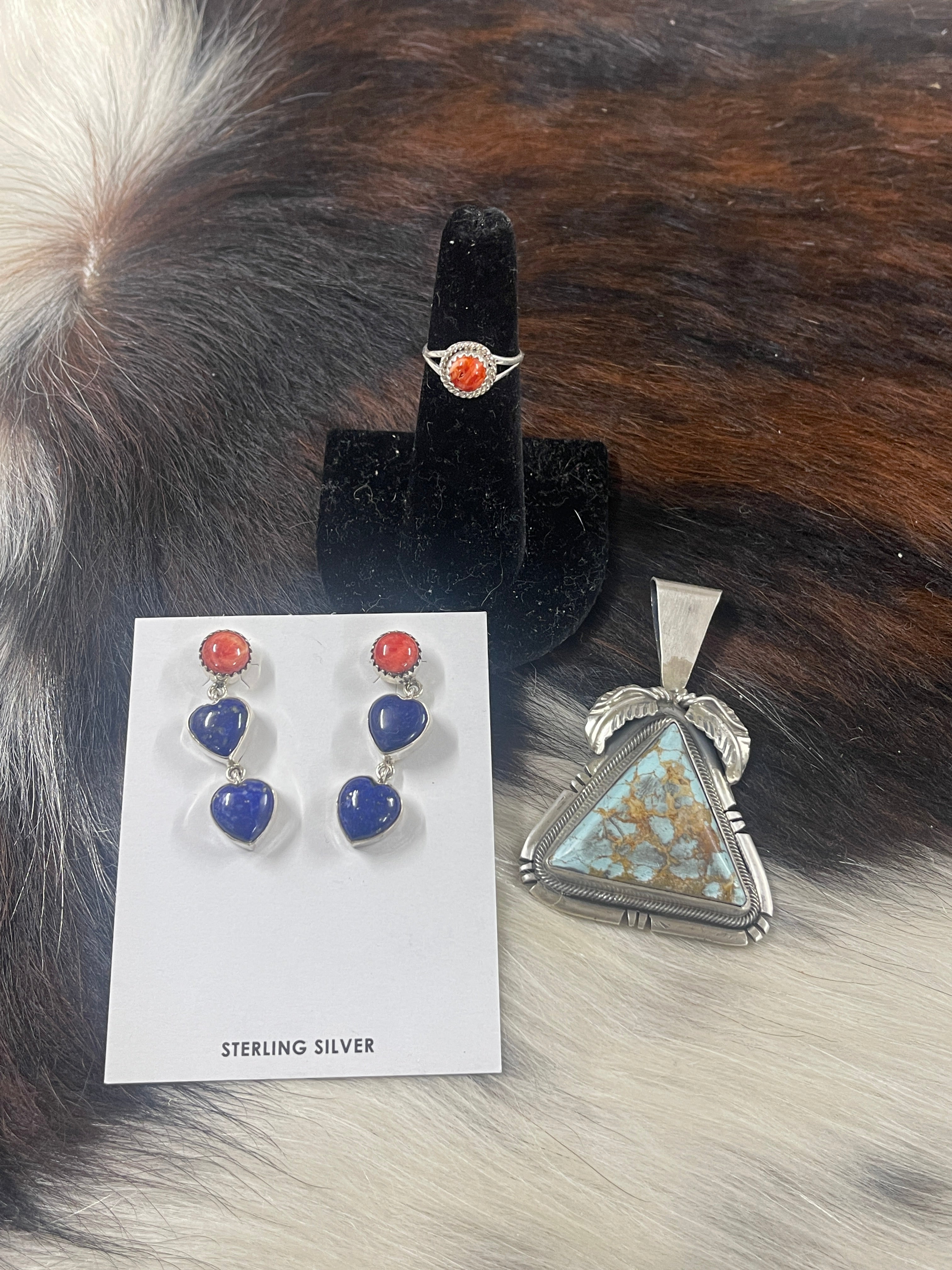 Navajo Made Multi Stone Heart Earrings, Navajo Made Dry Creek Turquoise Pendant, & Navajo Made Spiny Oys Ring