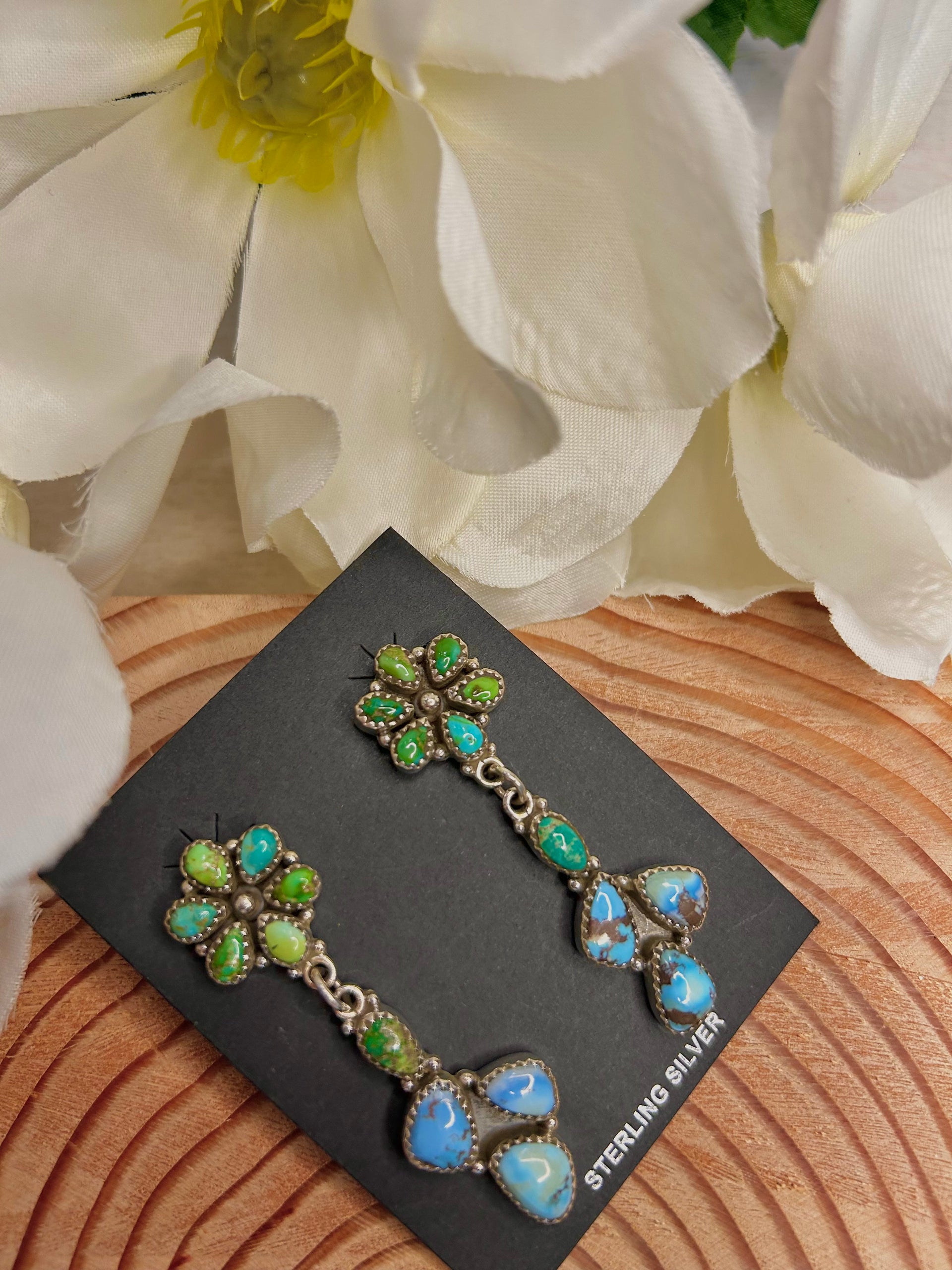Southwest Made Multi Stone  & Sterling Silver Post Dangle Earrings