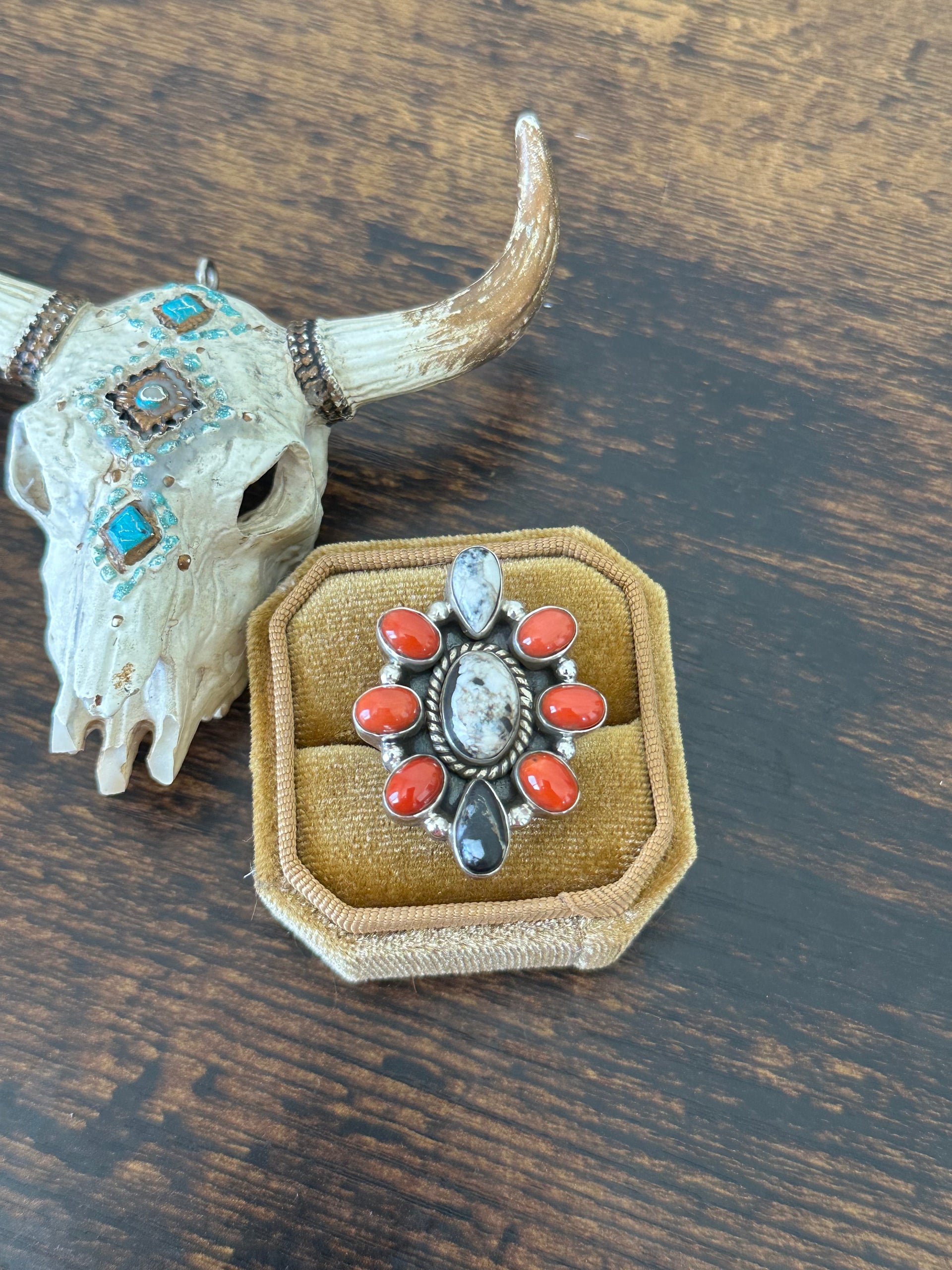 Southwest Handmade Multi Stone & Sterling Silver Cluster Adjustable Ring
