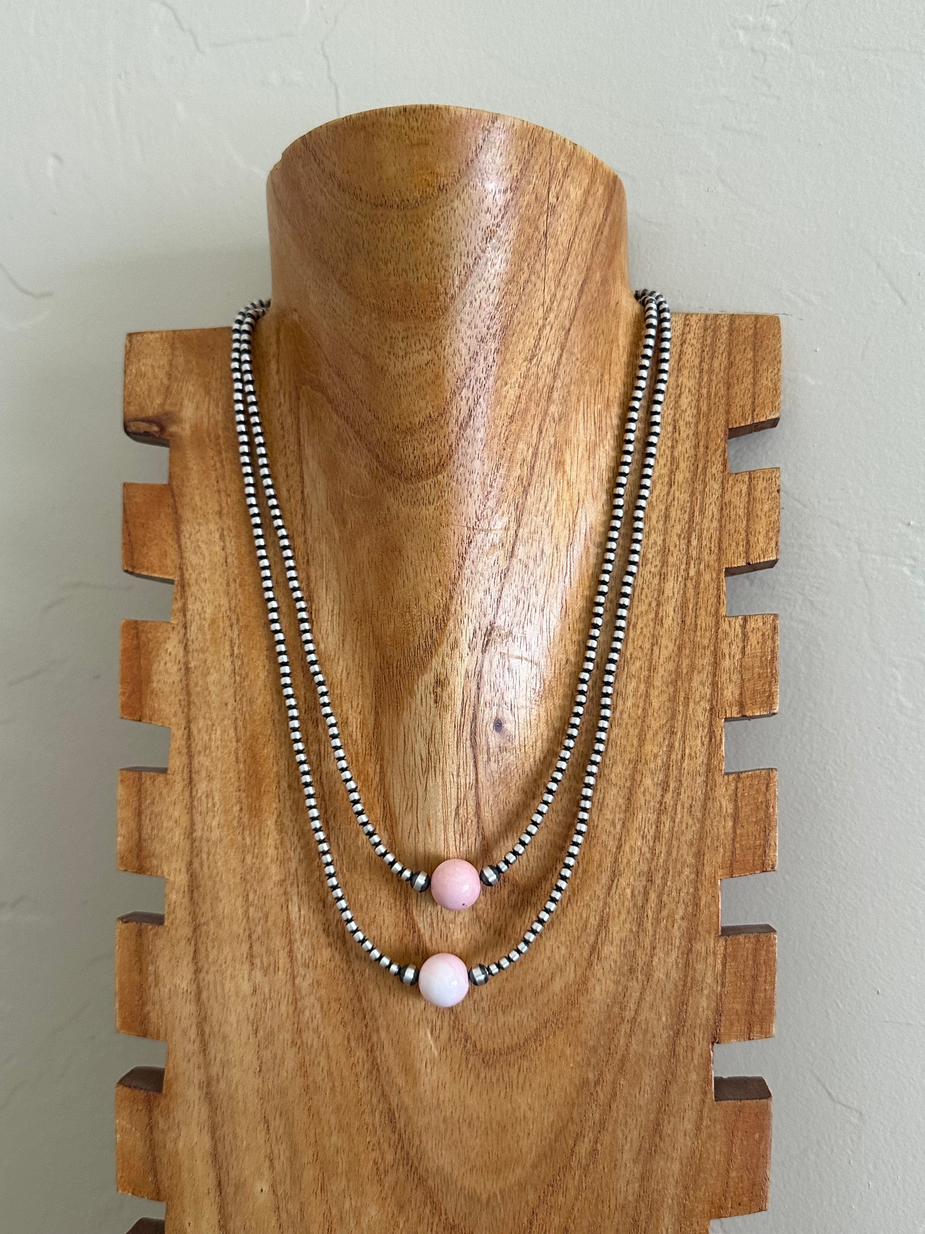 Navajo Strung Pink Conch & Sterling Silver Pearls Beaded Necklace