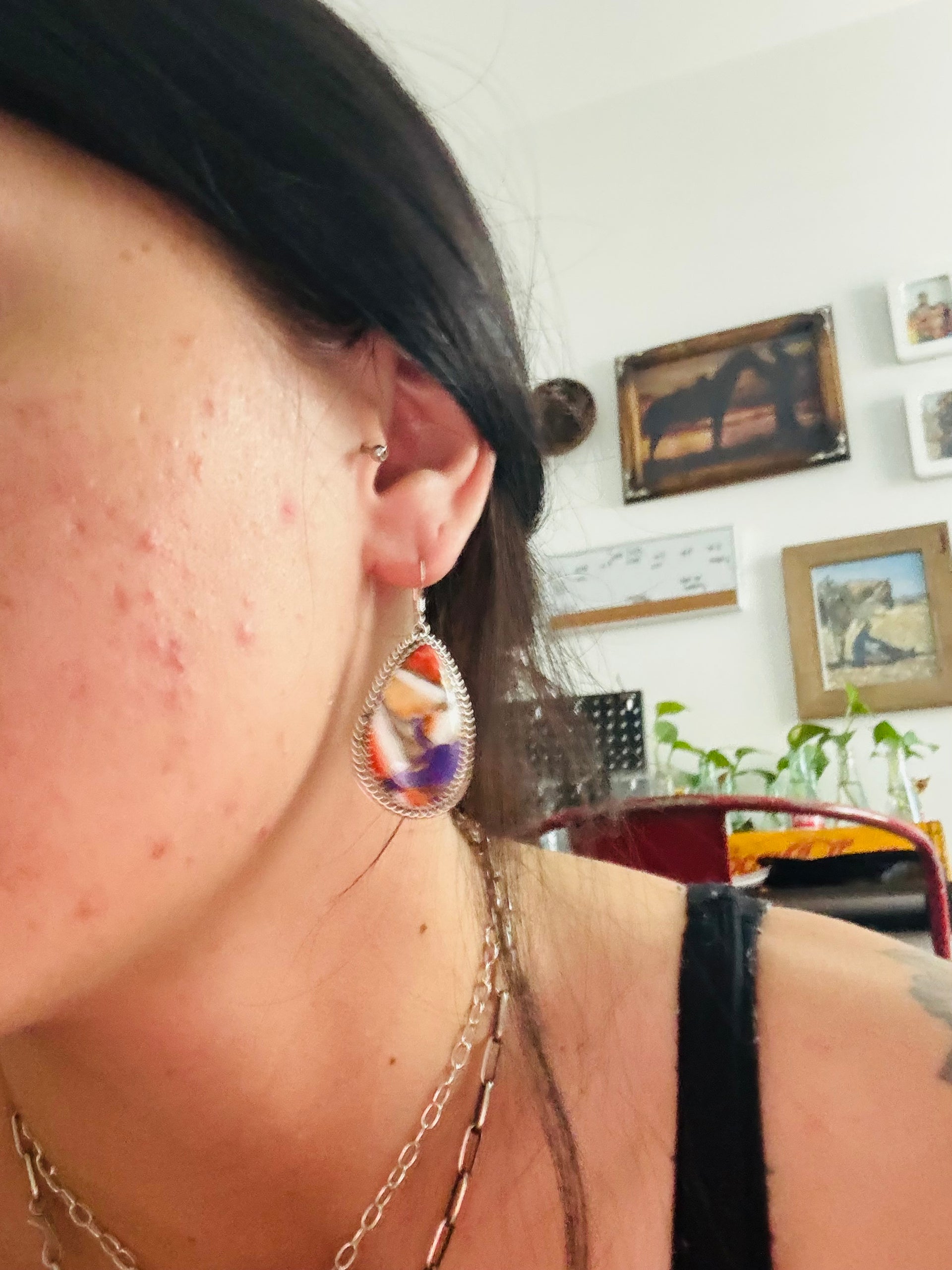 Navajo Made Mohave Turquoise & Sterling Silver Dangle Earrings