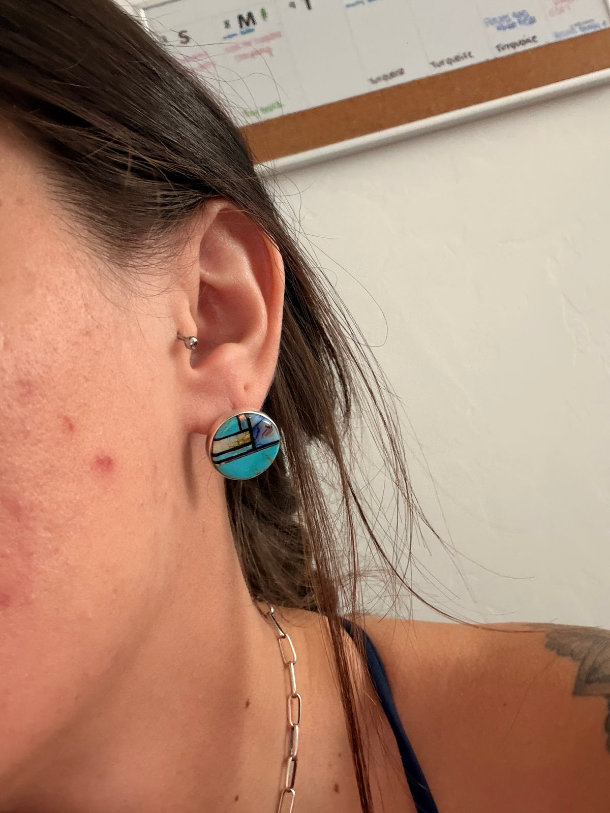 Navajo Made Multi Stone & Sterling Silver Post Inlay Earrings