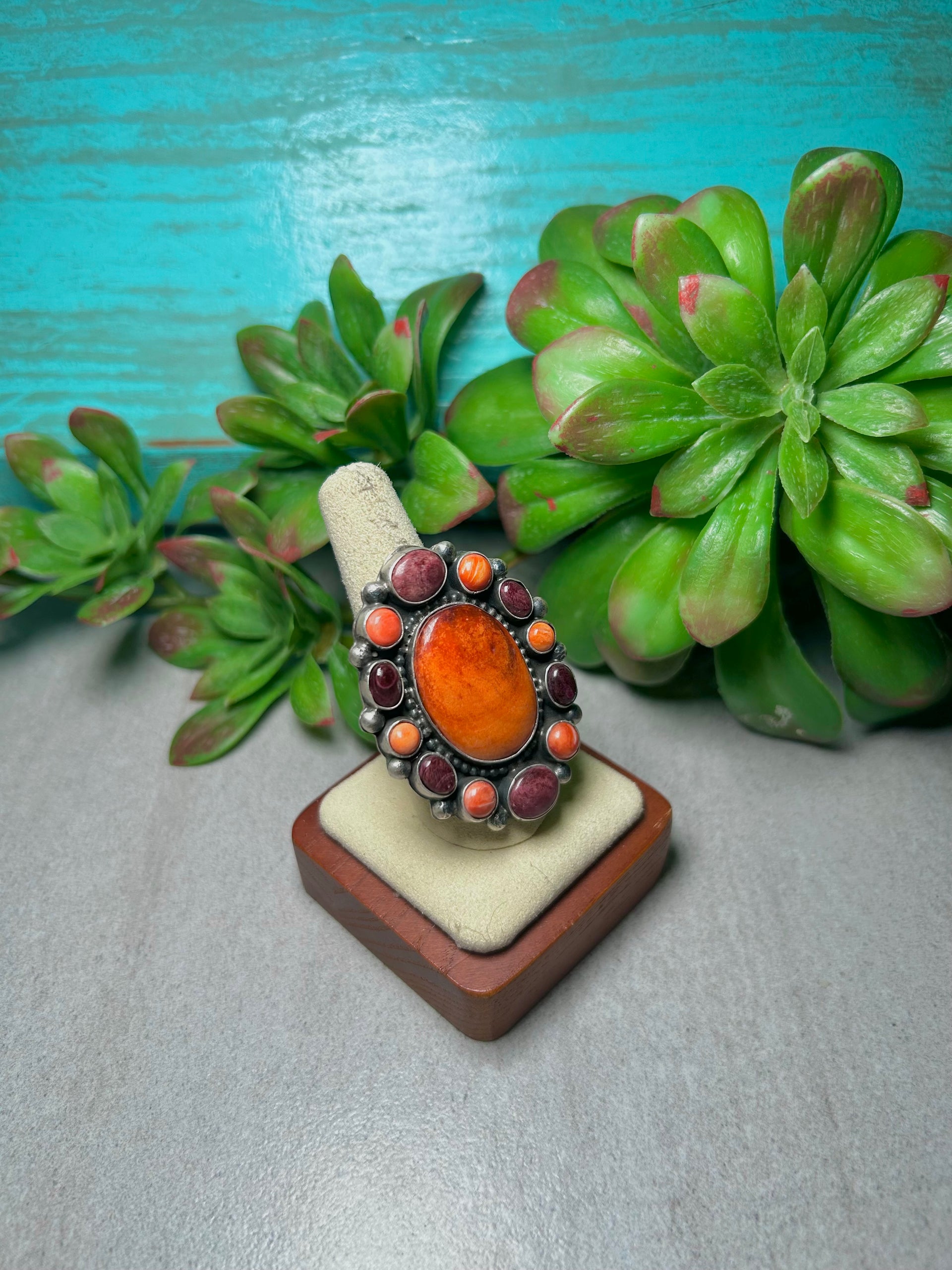 Navajo Made Spiny Oyster & Sterling Silver Cluster Adjustable Ring