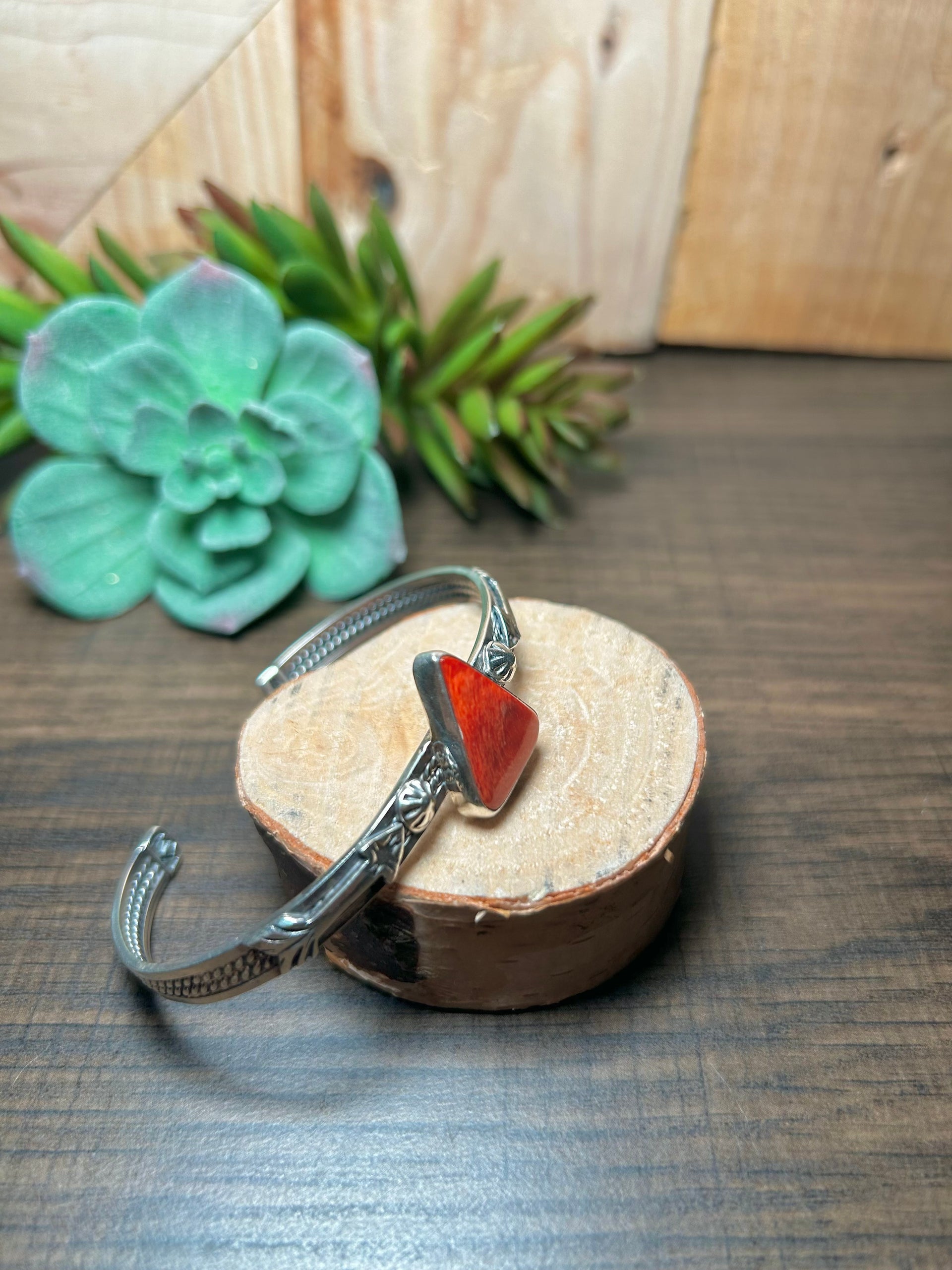 Navajo Made Spiny Oyster & Sterling Silver Cuff Bracelet